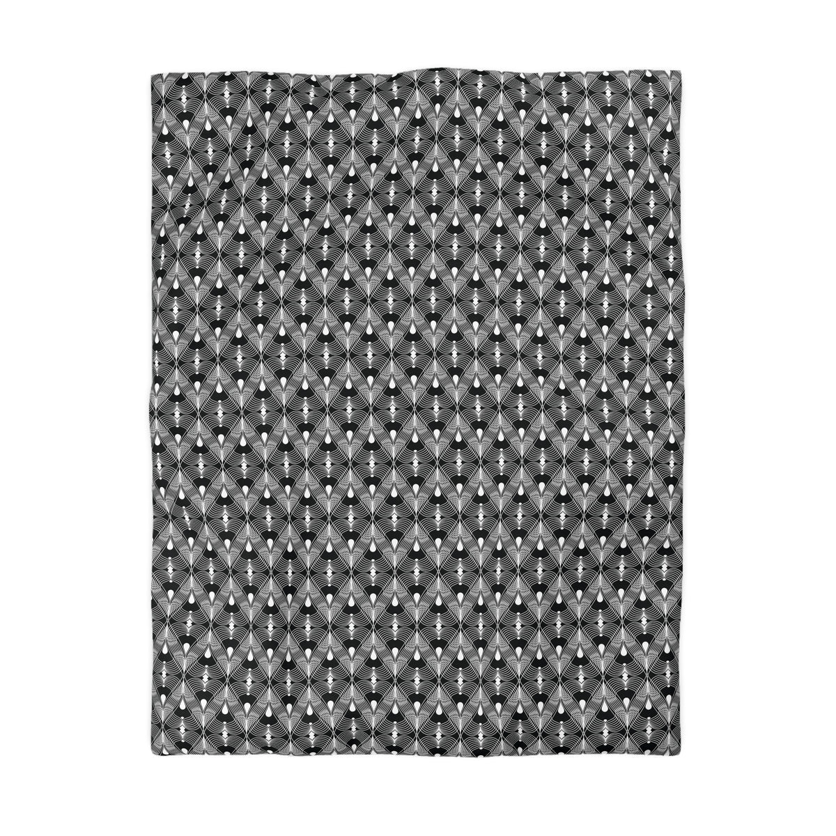 a square with a repeating pattern of black and white geometric shapes, creating a visually striking and symmetrical design.