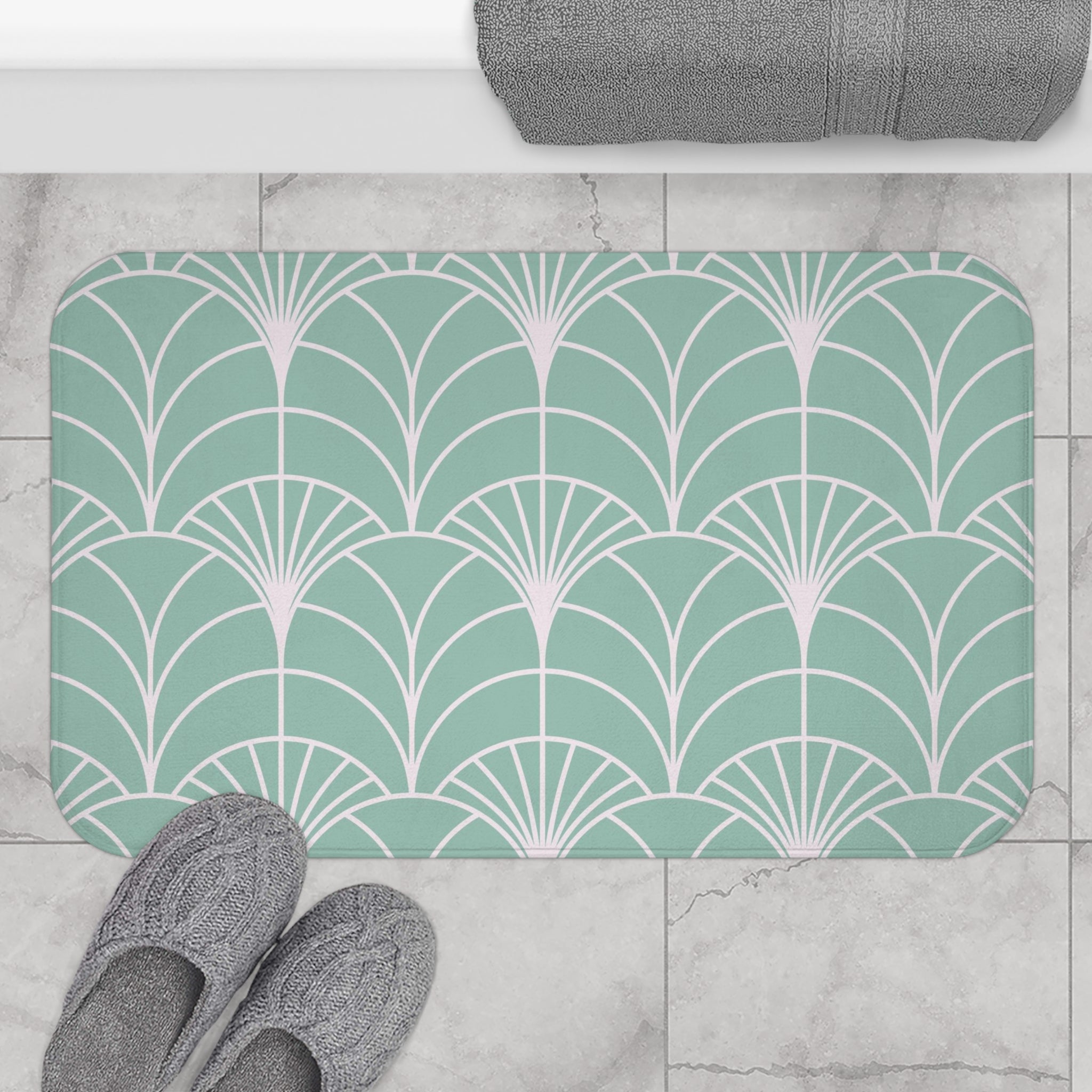 Boho Bath, Kitchen Mat |  Art Deco Mint Green White