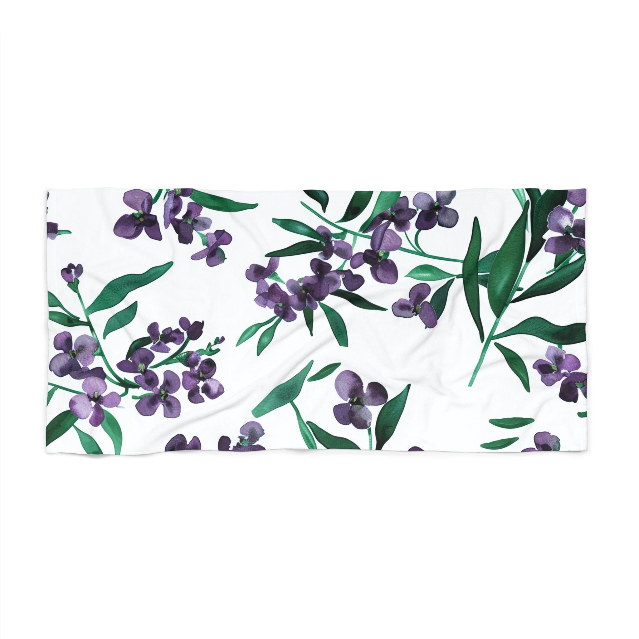 Floral Bath, Beach Towel | Botanical White Purple, Green Watercolor