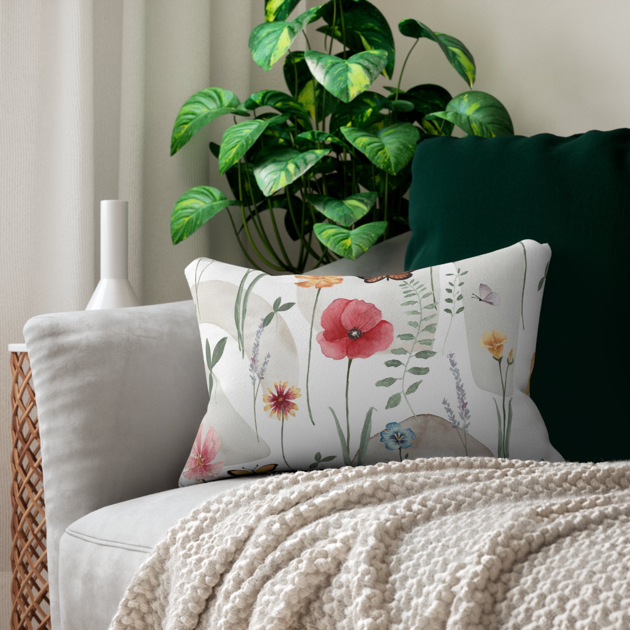 Floral Lumbar Pillow | White Red Sage Green