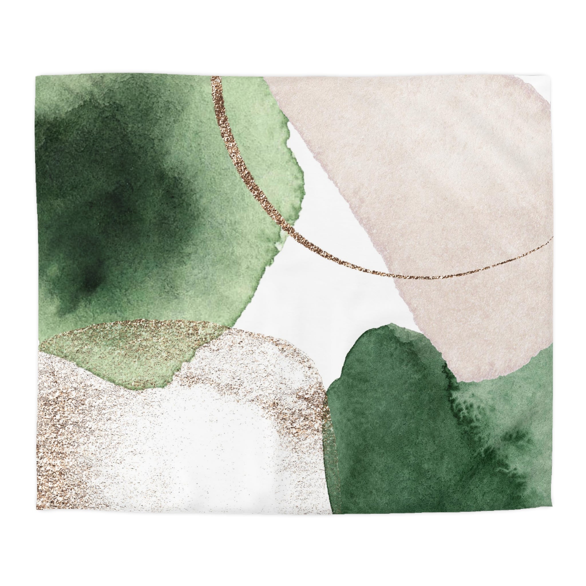 The image is a watercolor painting featuring abstract shapes and textures in shades of green, pink, and white.