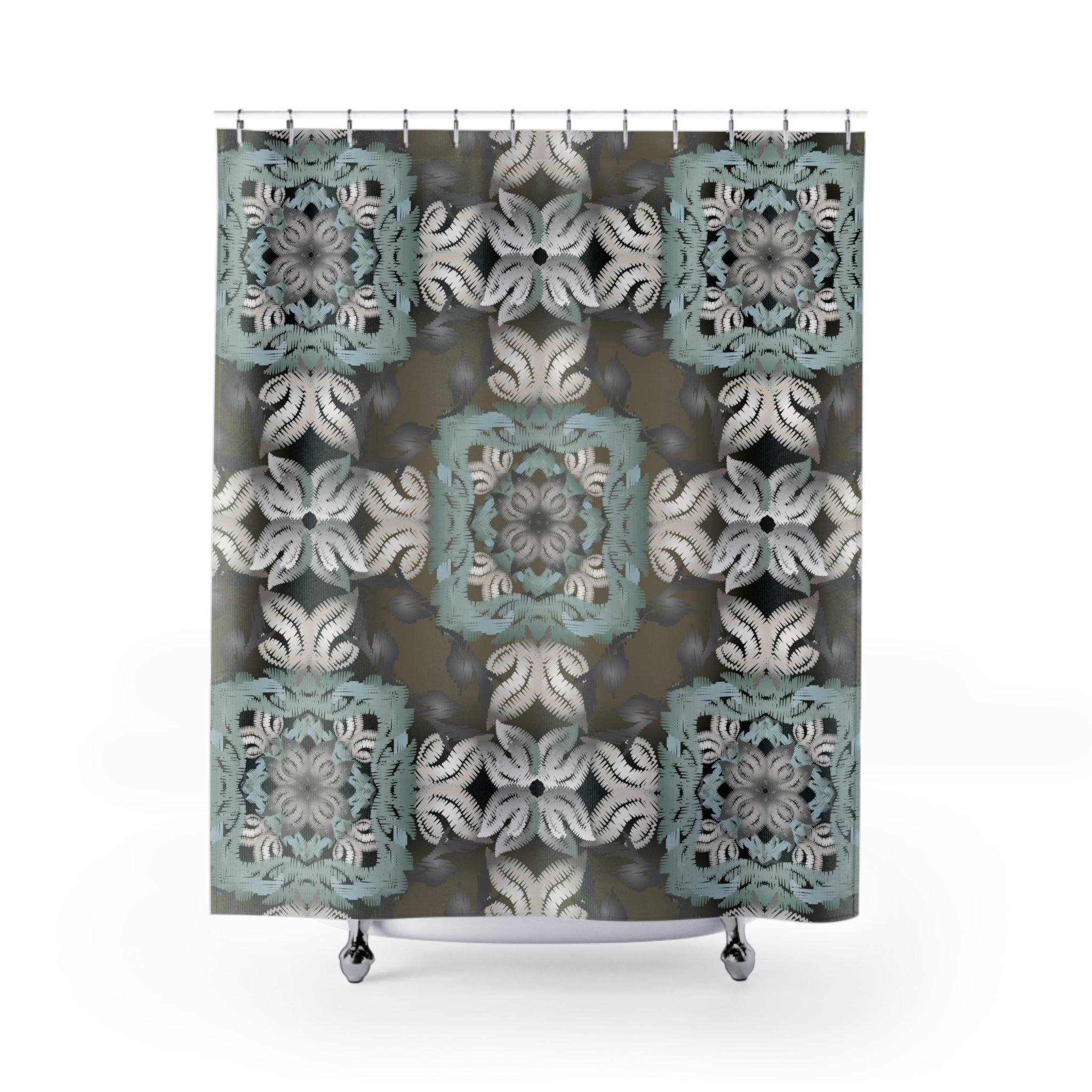 Boho Shower Curtain | Geometric Moroccan Grey Blue Fabric Curtain