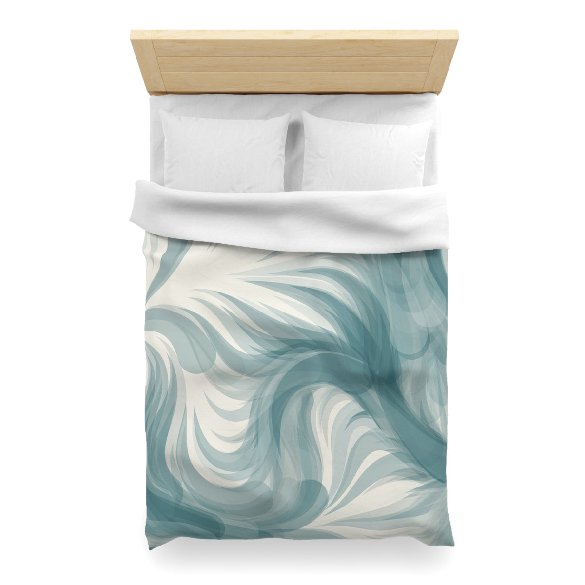 a neatly made bed with a white comforter and a patterned blue and white duvet cover.