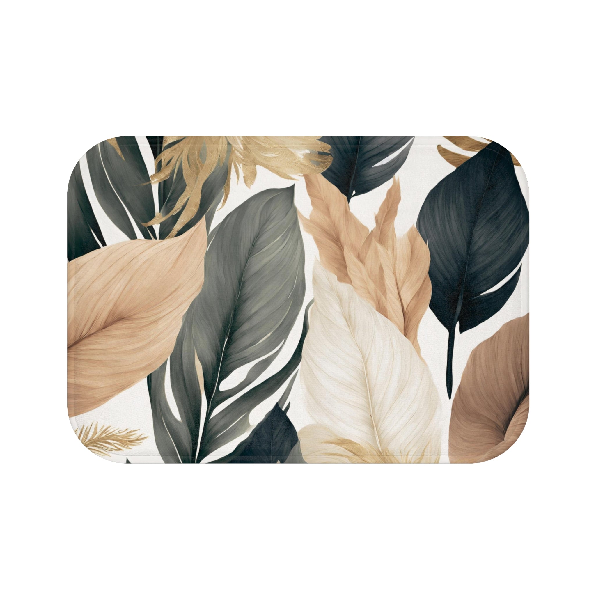 Boho Bath, Kitchen Mat | Modern Taupe Beige, Ivory Grey, Black Leaves