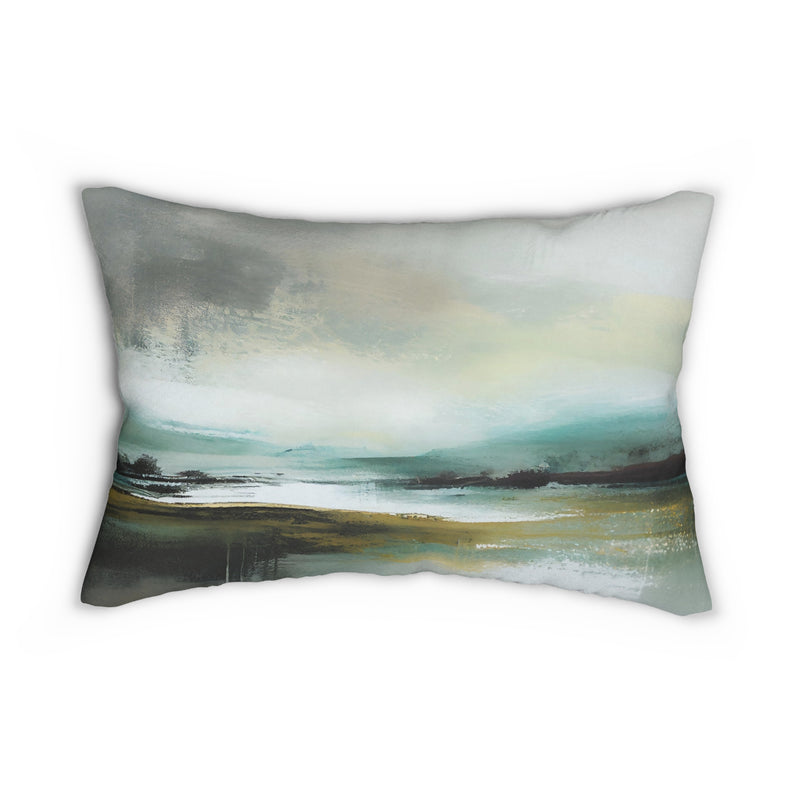 Boho Lumbar Pillow | Abstract Landscape, Grey Teal Green