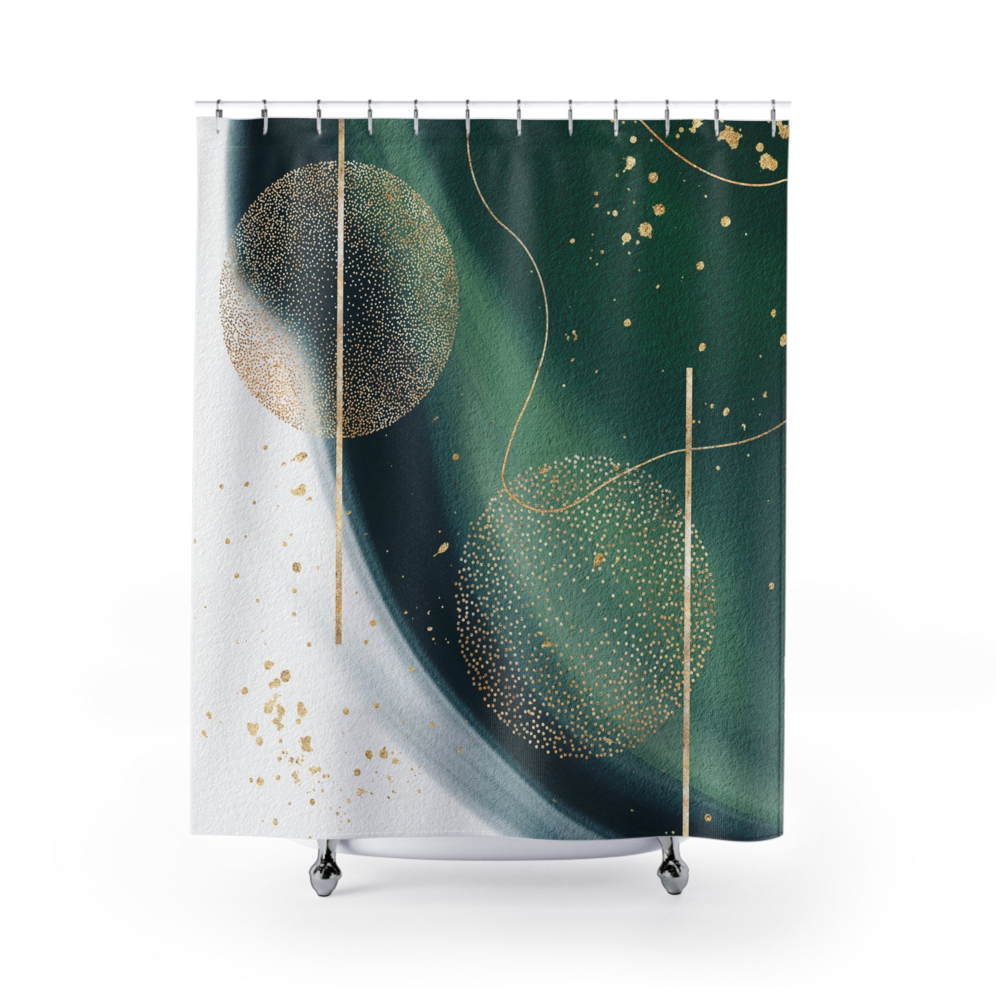 Teal Green Shower Curtain | Geometric, White Gold Beige