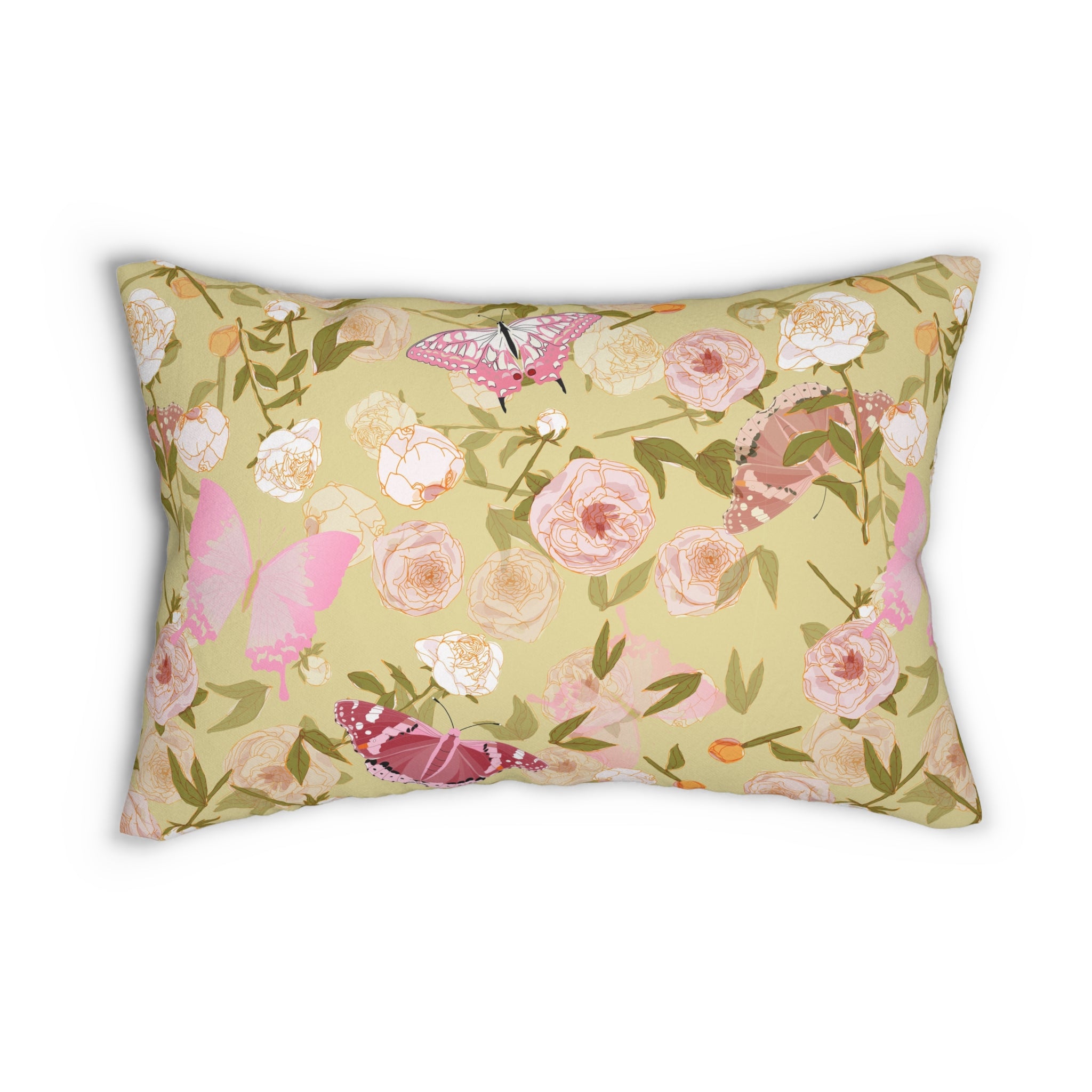 Floral Lumbar Pillow | Khaki Green, Pink Colorful Butterflies