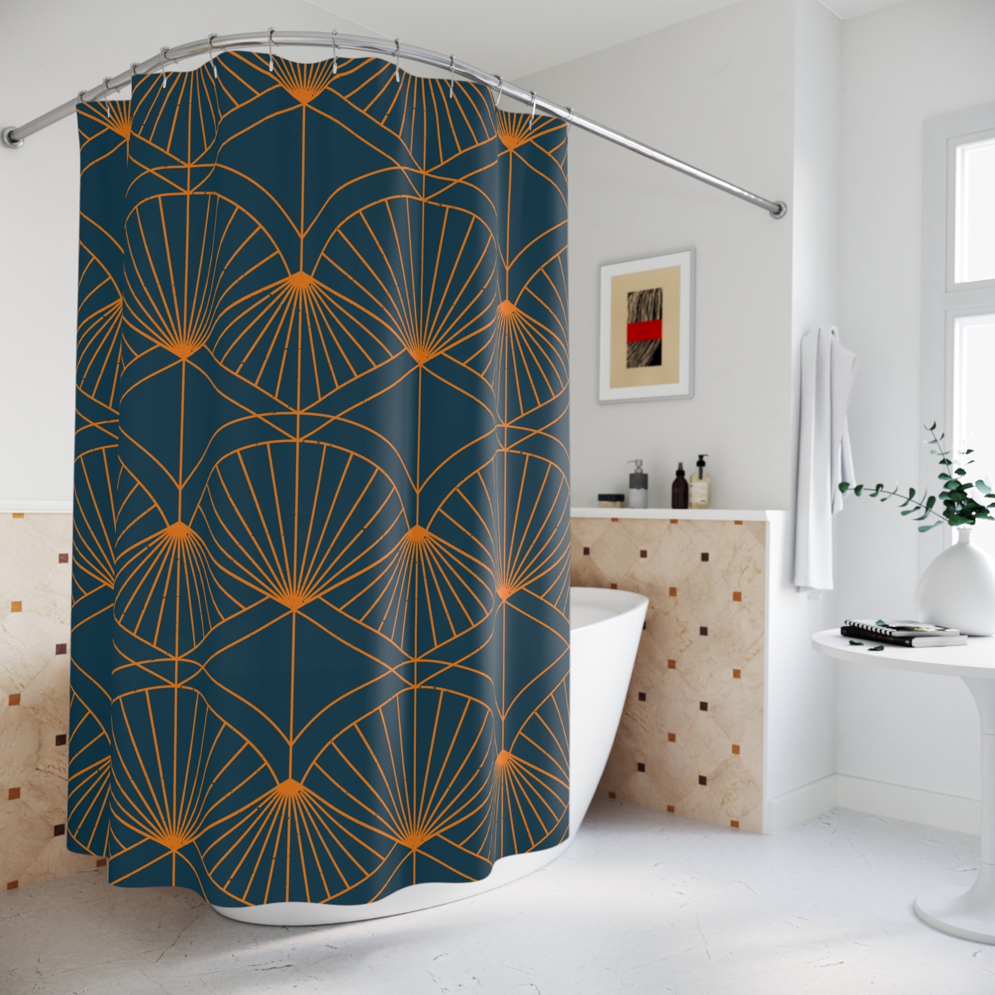 Art Deco Shower Curtain | Navy Blue, Orange Fan Bath Curtain