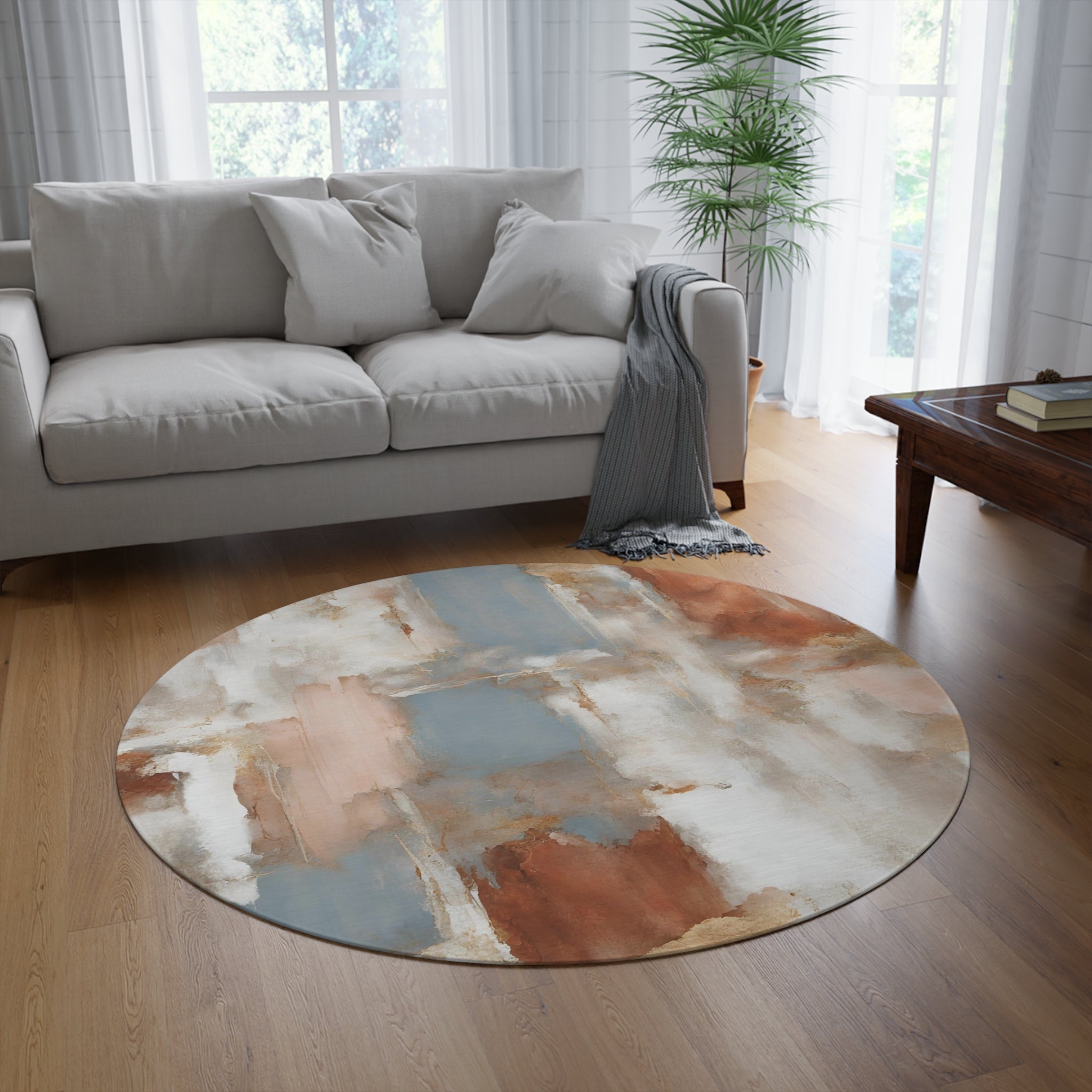 Abstract Boho Round Area Rug | White Taupe Beige, Rust, Blue