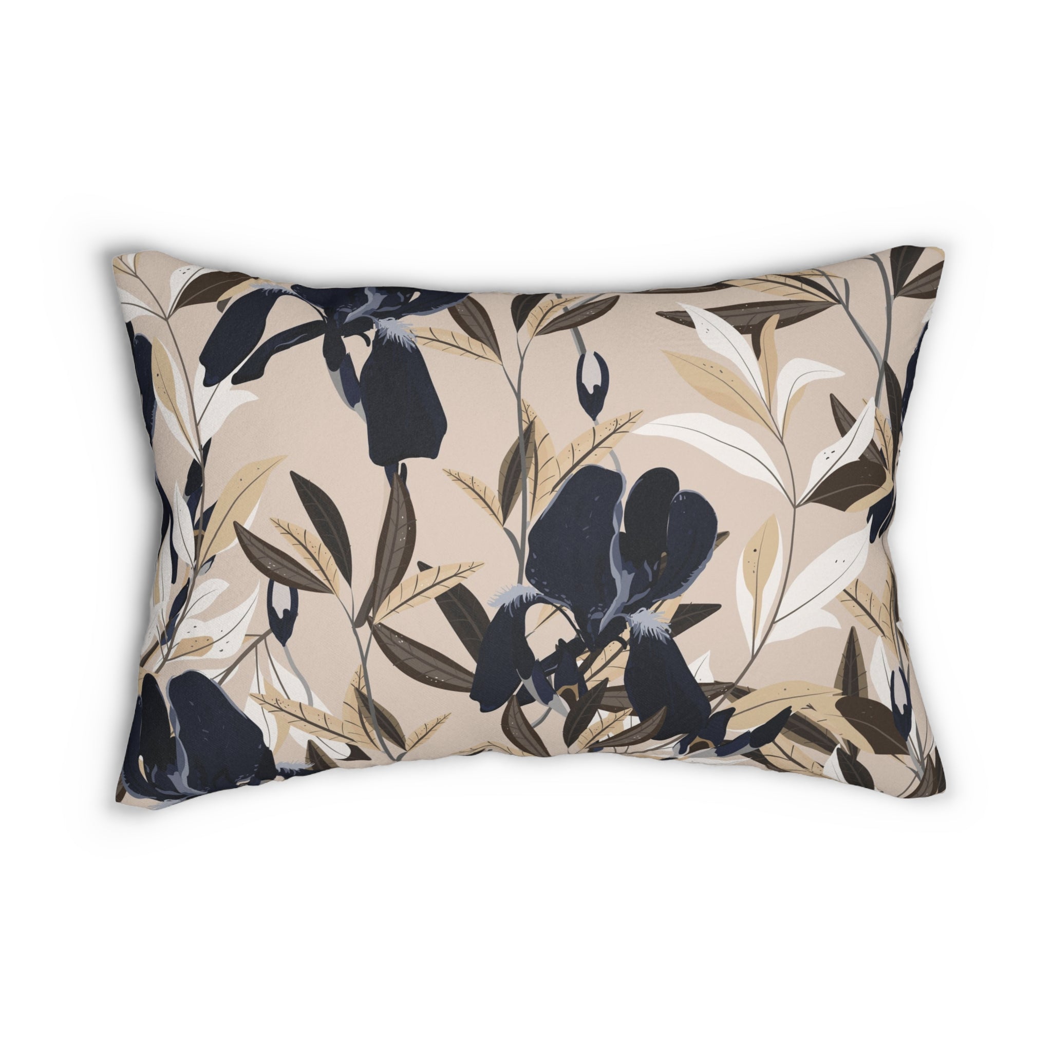 Floral Lumbar Pillow | Navy Blue Lilies, Tan Beige Botanical