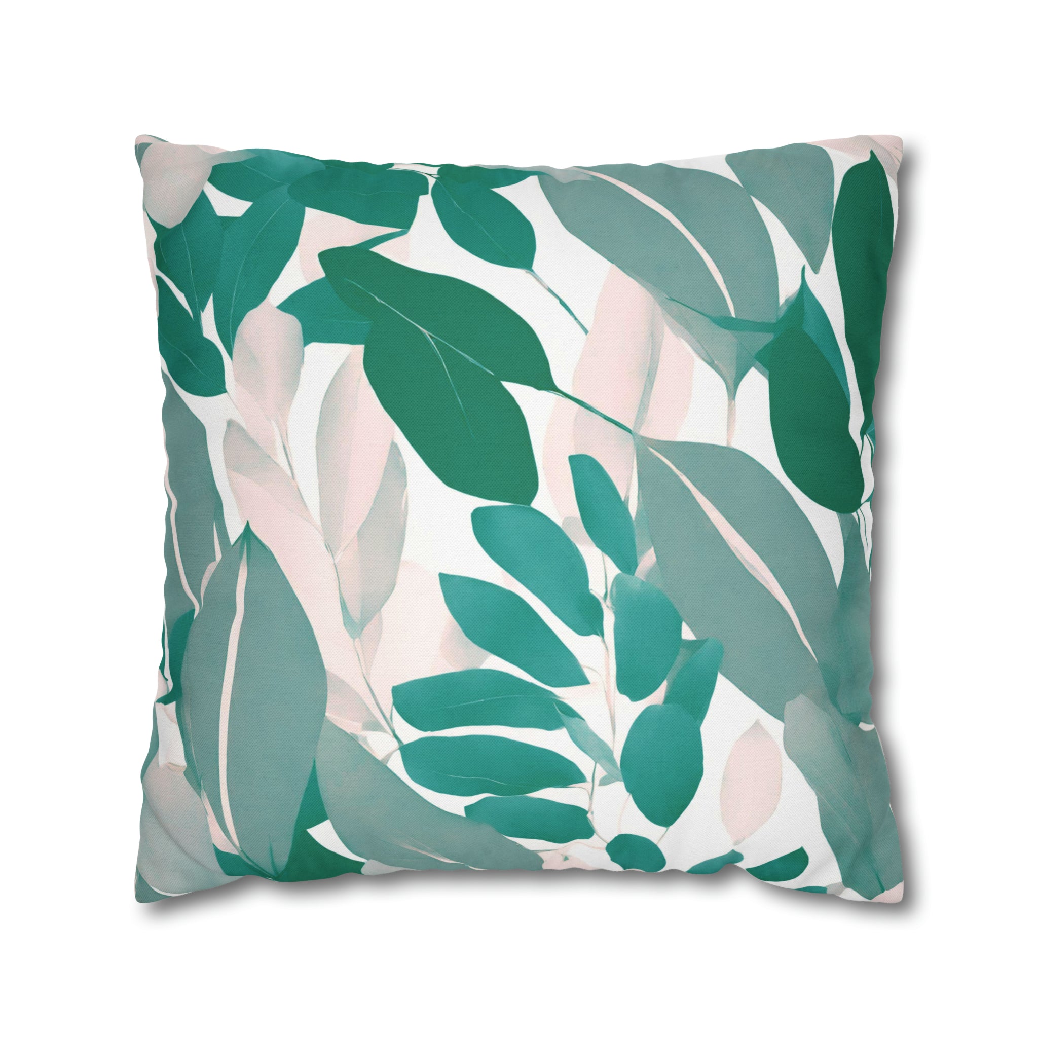 Floral Pillow Cover | Teal Sage Green, White Blush Green Leaves