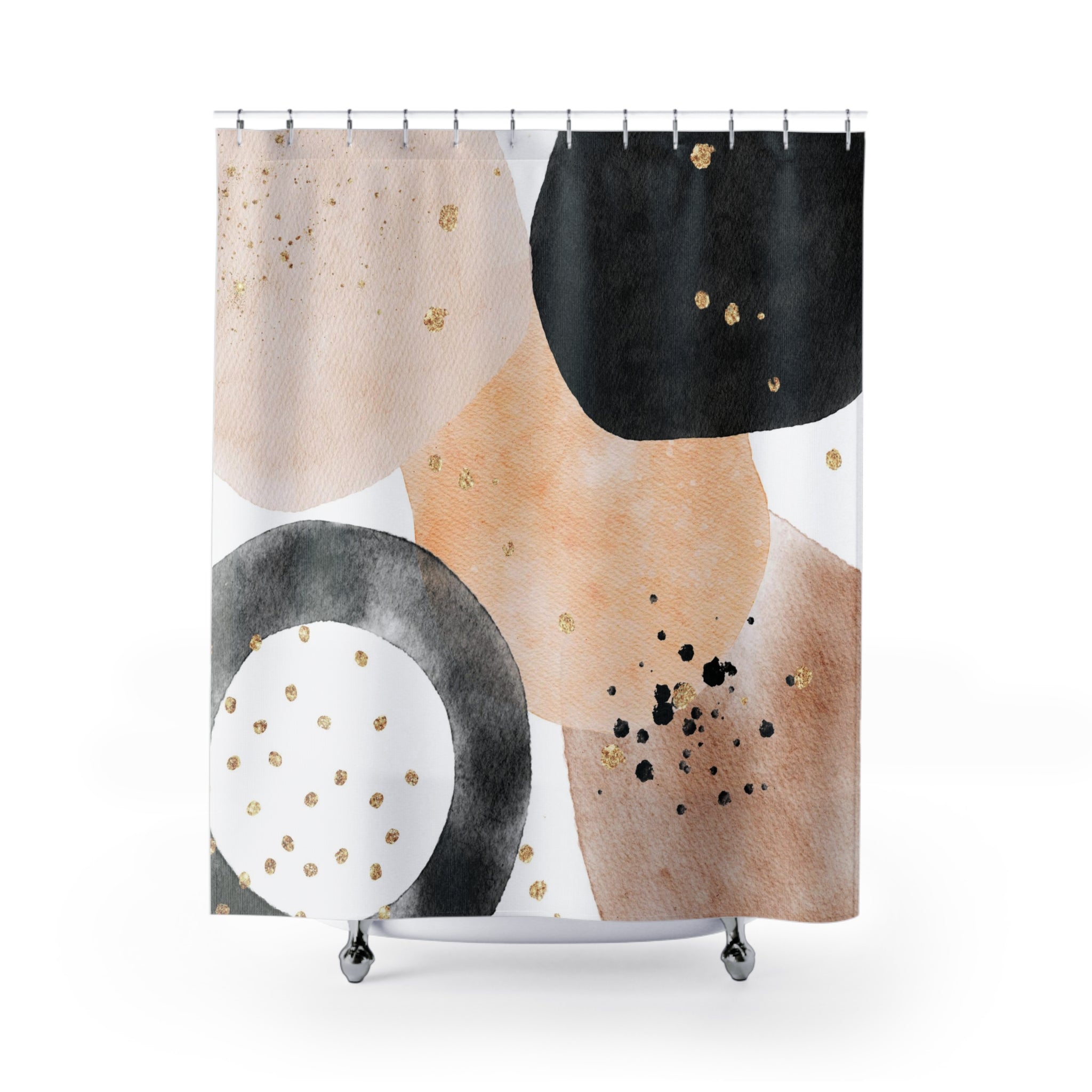 a shower curtain with a black and white design