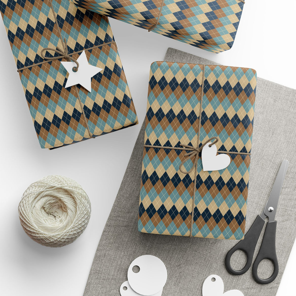 Navy Tan Blue Argyle Wrapping Paper, Gift Wrap