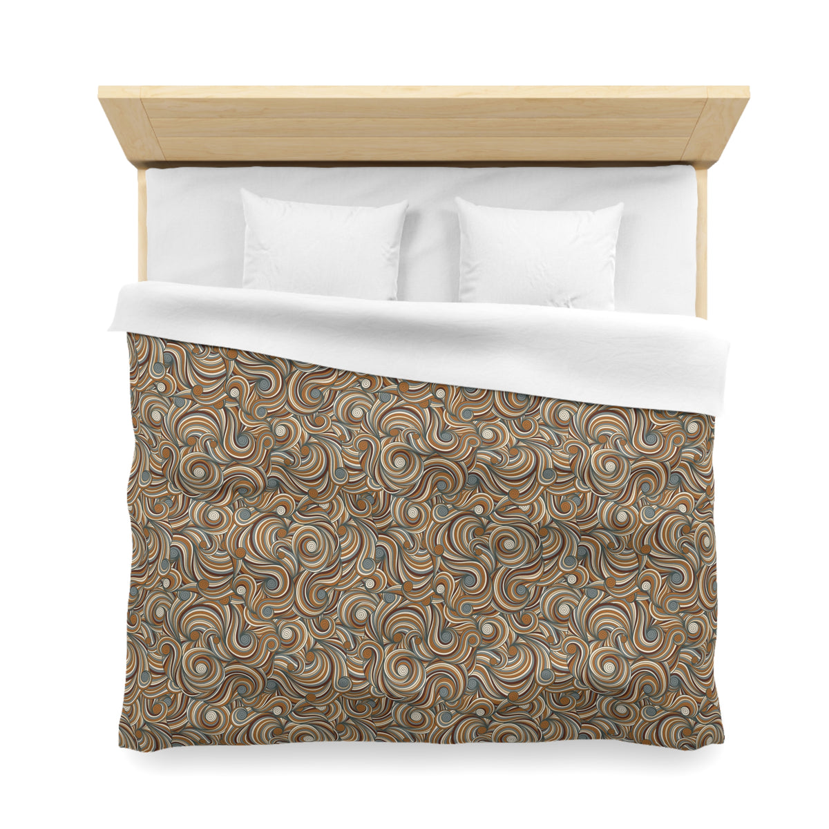a neatly made bed with a wooden headboard and a patterned comforter.