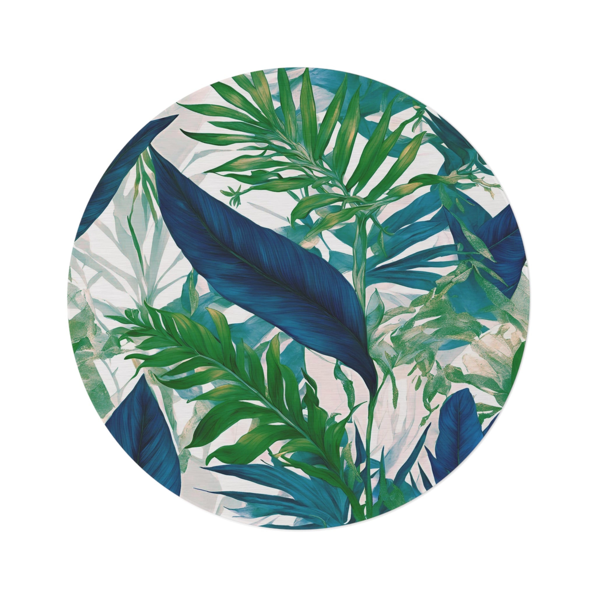 Tropical Round Area Rug | Coastal Indigo Blue, Emerald Green Leaves