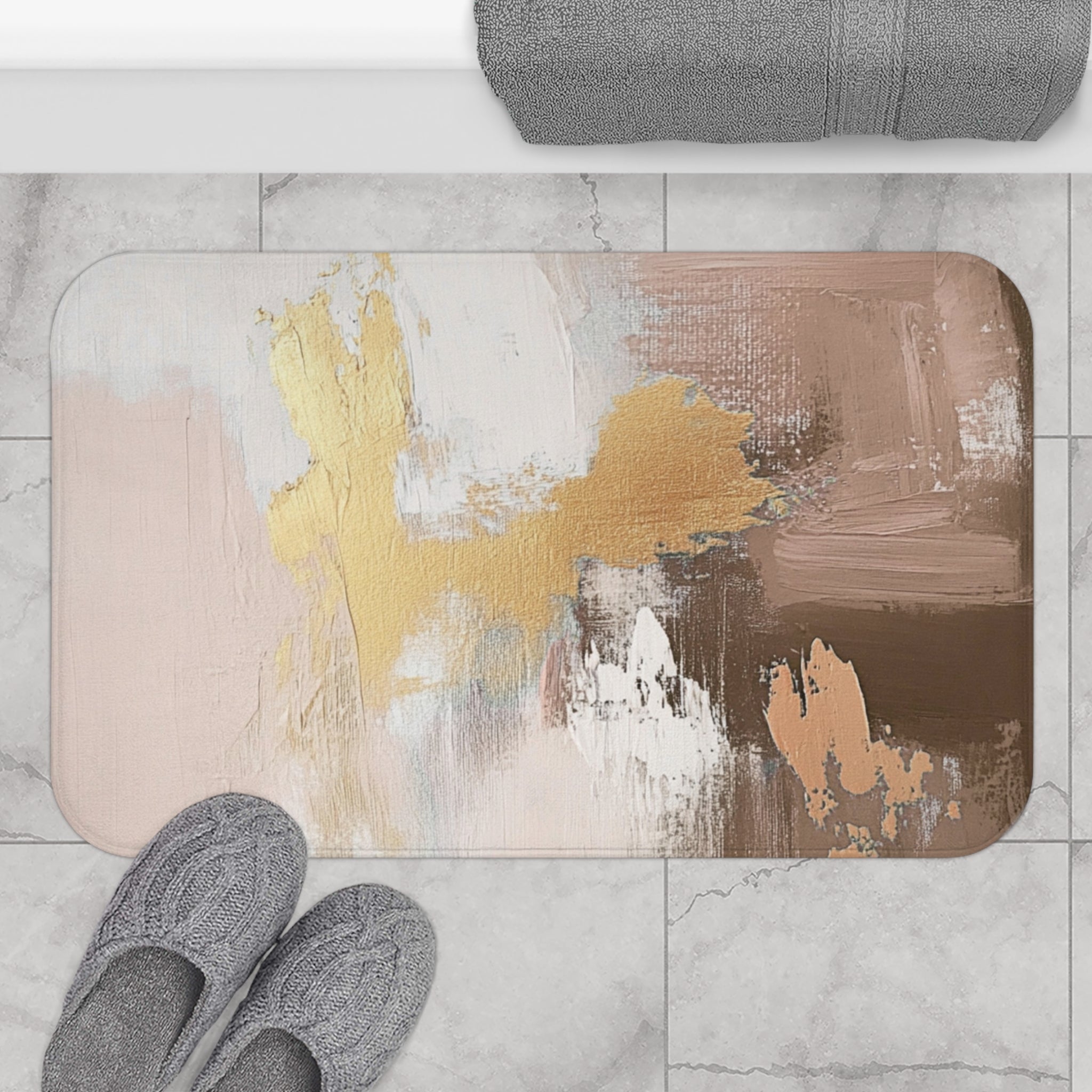 Abstract Bath Mat | Kitchen Mat, Earthy Neutral Brown Beige, Muted Gold Ombre
