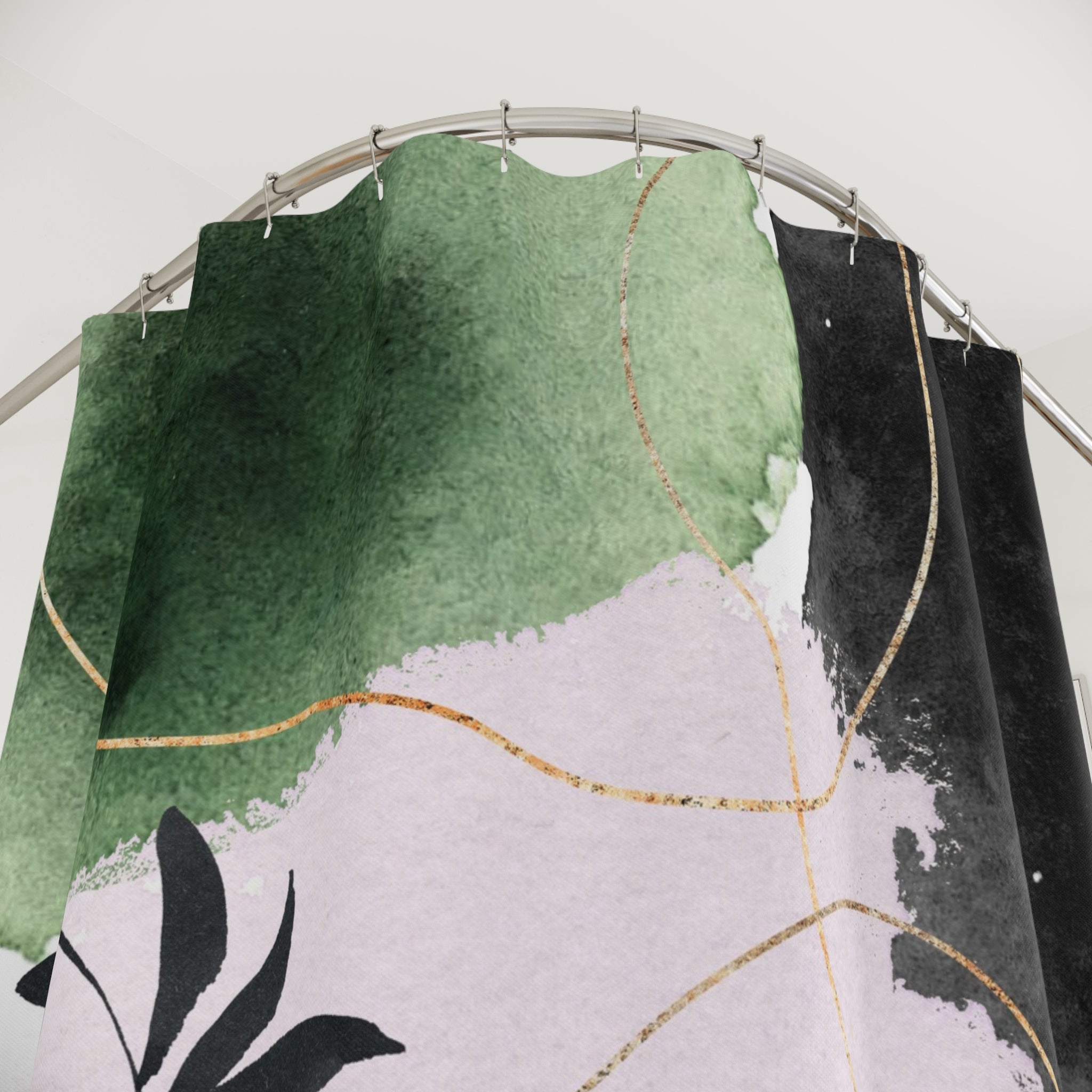 Abstract Shower Curtain | Artsy Black Leaves, Lavender Blush, Green