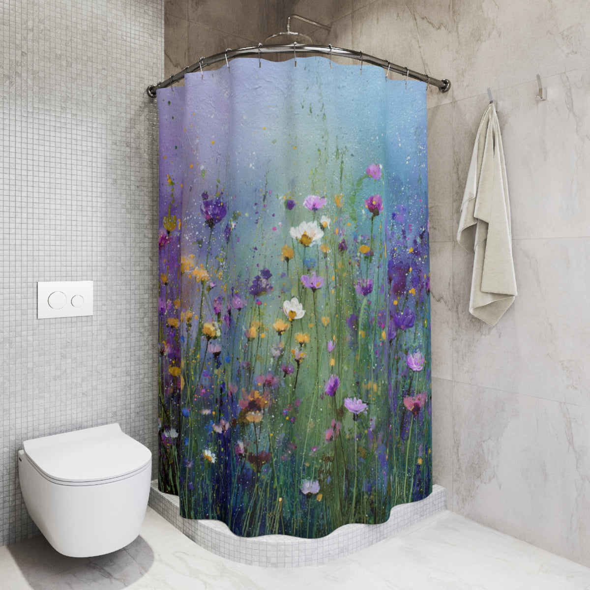 a bathroom with a shower curtain that has a colorful floral design. The shower curtain is hanging in the shower area, and there is a towel hanging on the wall next to it. The bathroom has a white toilet and a white tiled wall.