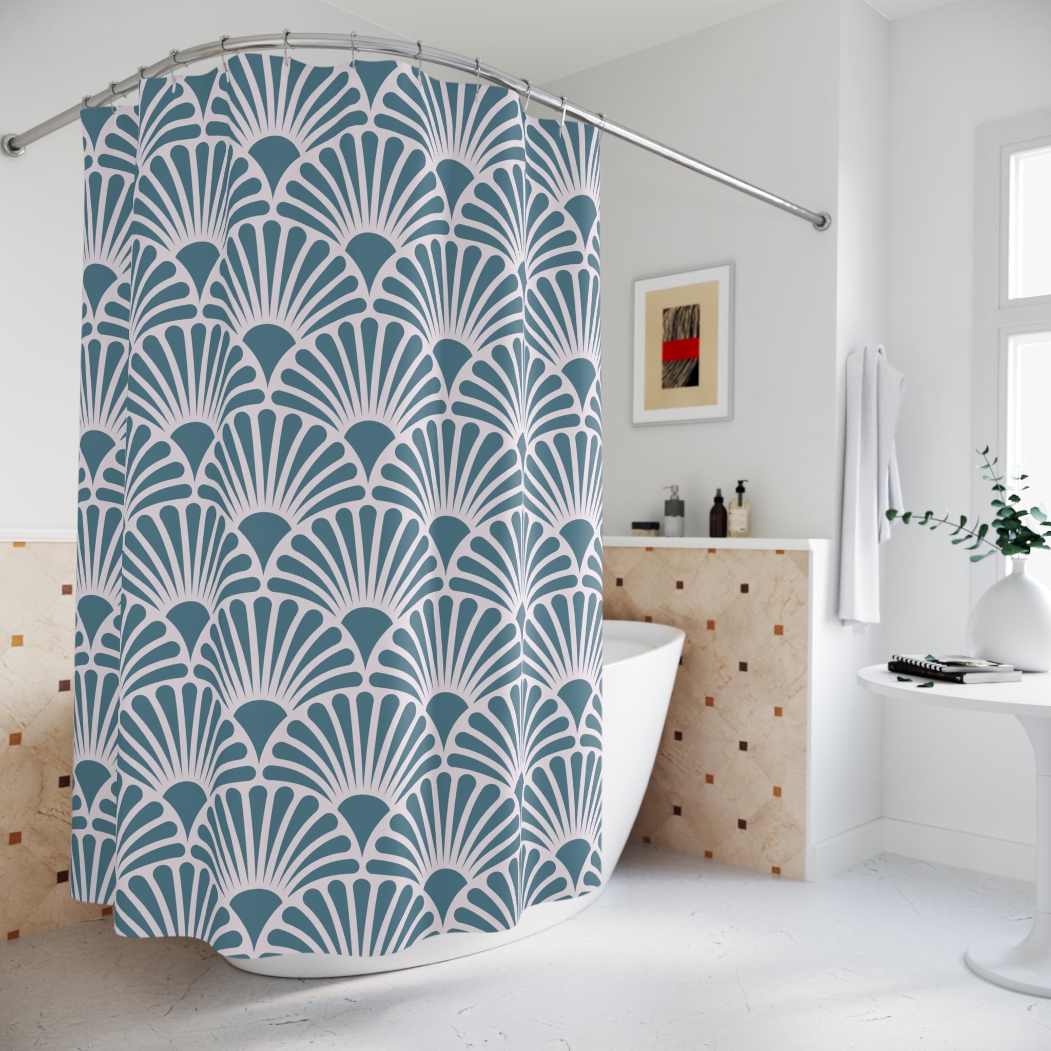 Art Deco Shower Curtain | Blue, White Fan Bath Curtain