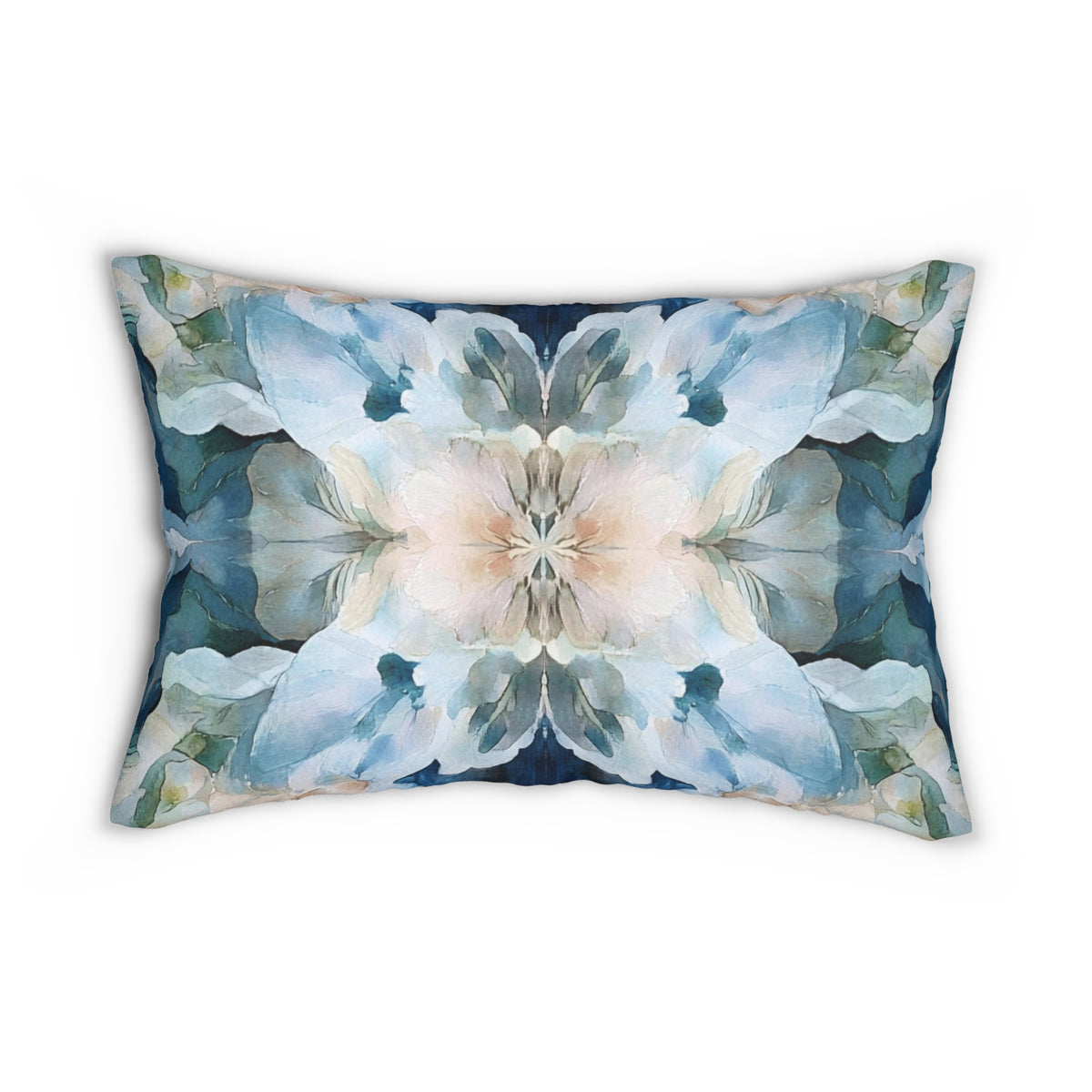 A decorative pillow with a symmetrical floral pattern in shades of blue, green, and white.