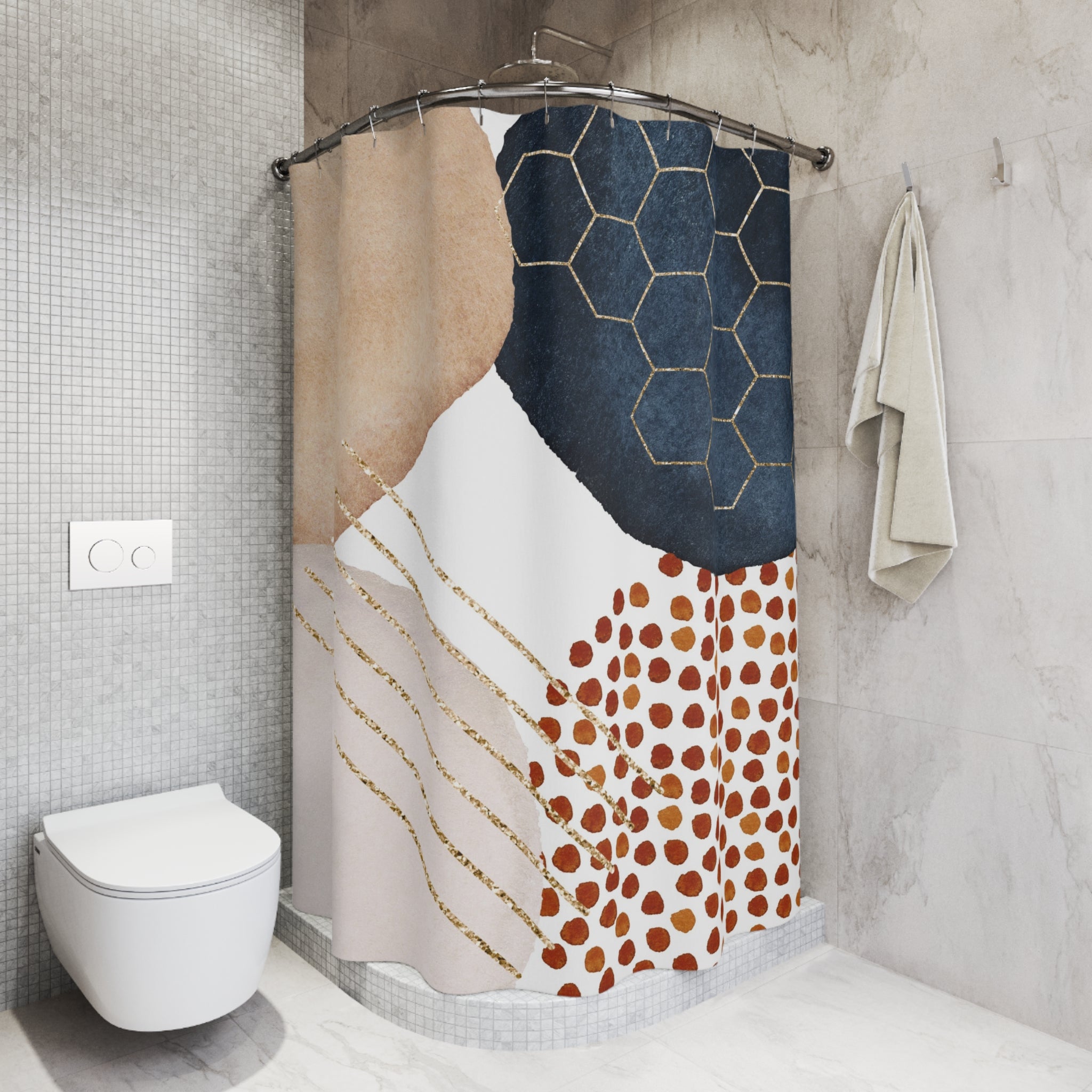 Boho Abstract Shower Curtain | Navy Blue, Beige White