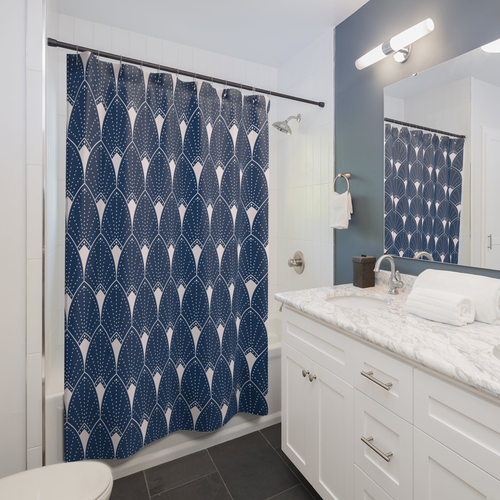 Art Deco Shower Curtain | Navy Blue White, Art Nouveau