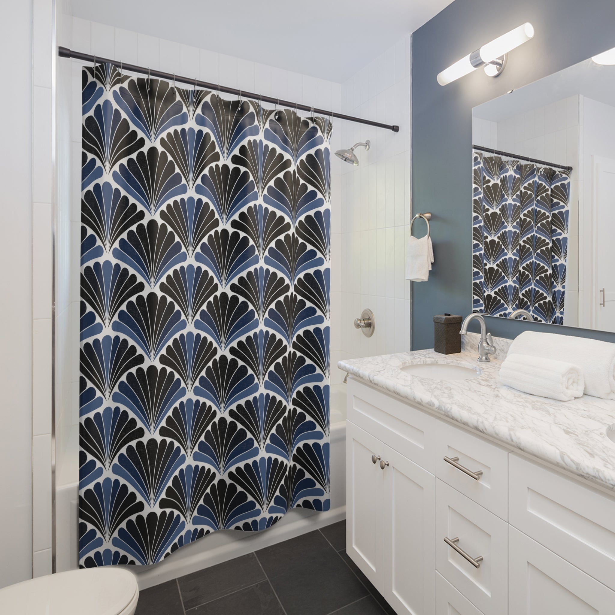 Art Deco Shower Curtain | Navy Blue White Fan Bathroom Decor