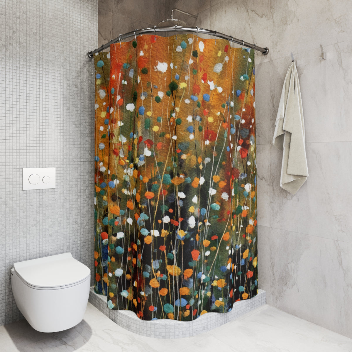 a bathroom with a shower curtain that has a colorful, abstract floral pattern. The shower curtain is hanging on a rod next to a white towel. The bathroom also includes a toilet and a tiled wall.