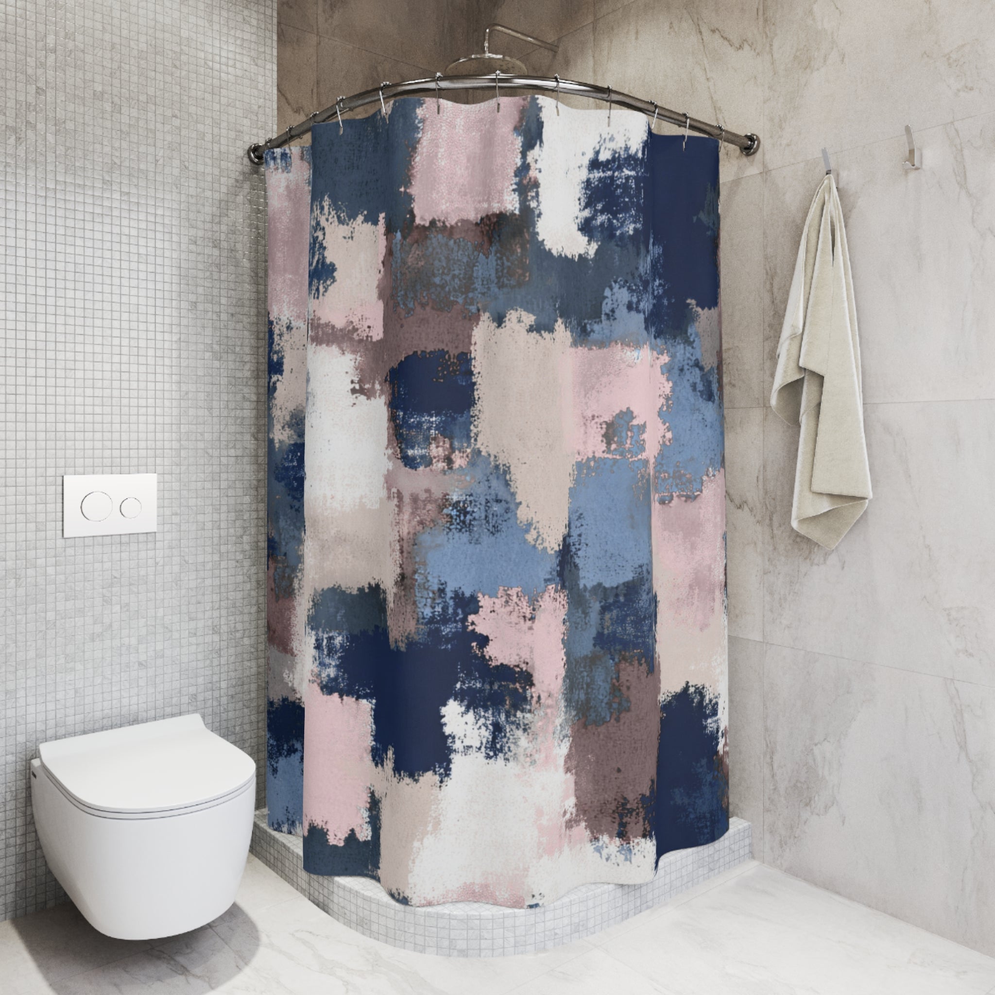 a bathroom with a shower curtain featuring a colorful abstract pattern in shades of blue, pink, and white. The shower curtain is hanging from a rod next to a towel. The bathroom also includes a toilet and a tiled wall.