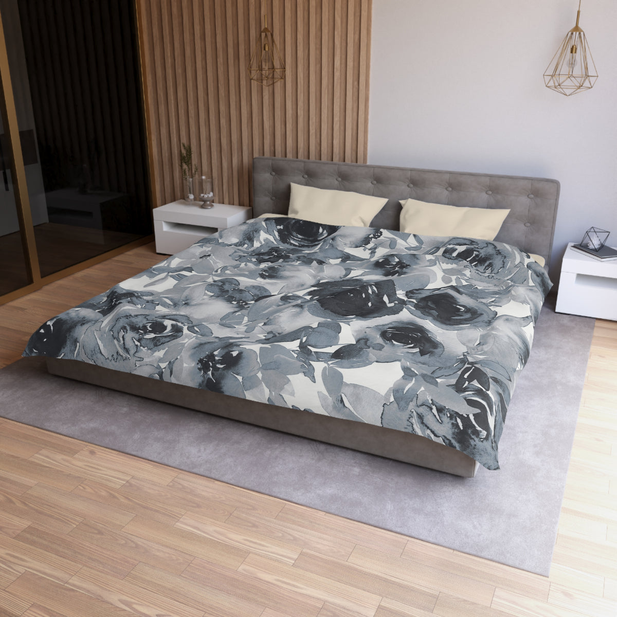 Slate Grey Watercolor Rose Duvet Cover | Charcoal Blue Floral Bedding