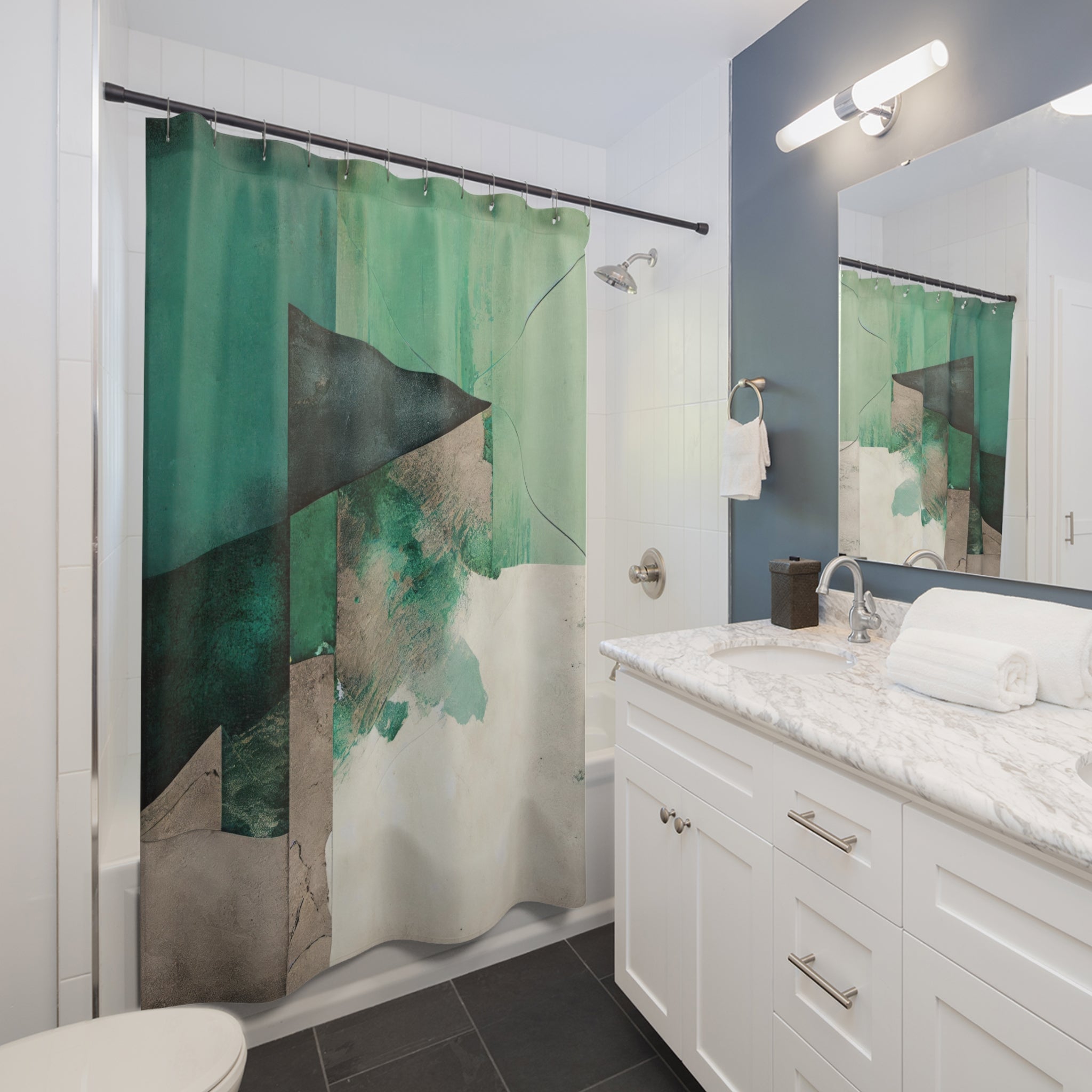 Green Boho Shower Curtain, Bath Mat | Beige Geometric Bathroom Set