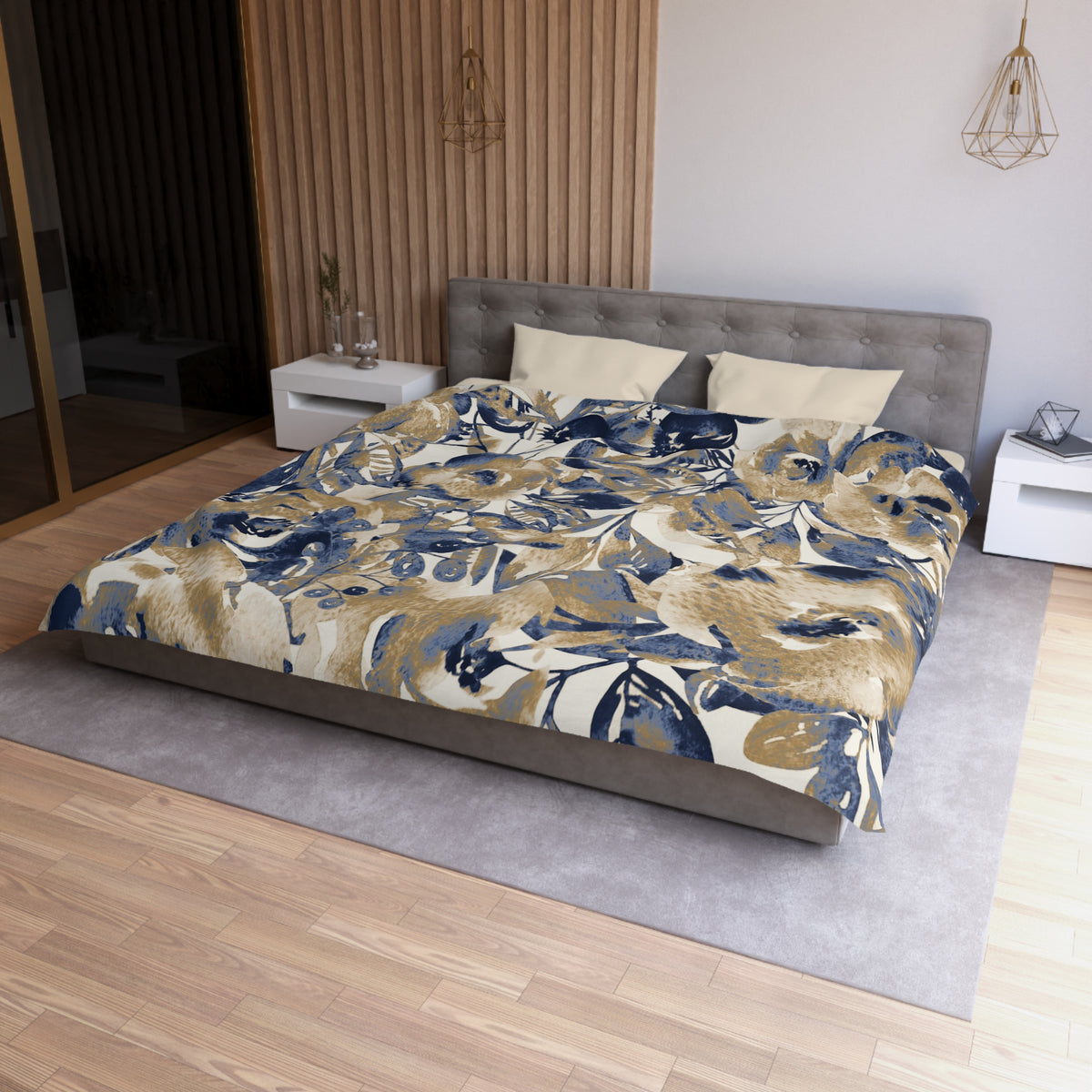 a modern bedroom with a large bed featuring a floral print comforter and pillows. The bed is positioned against a wall with a wooden panel design. The room also includes a nightstand and a pendant light fixture, creating a cozy and stylish atmosphere.