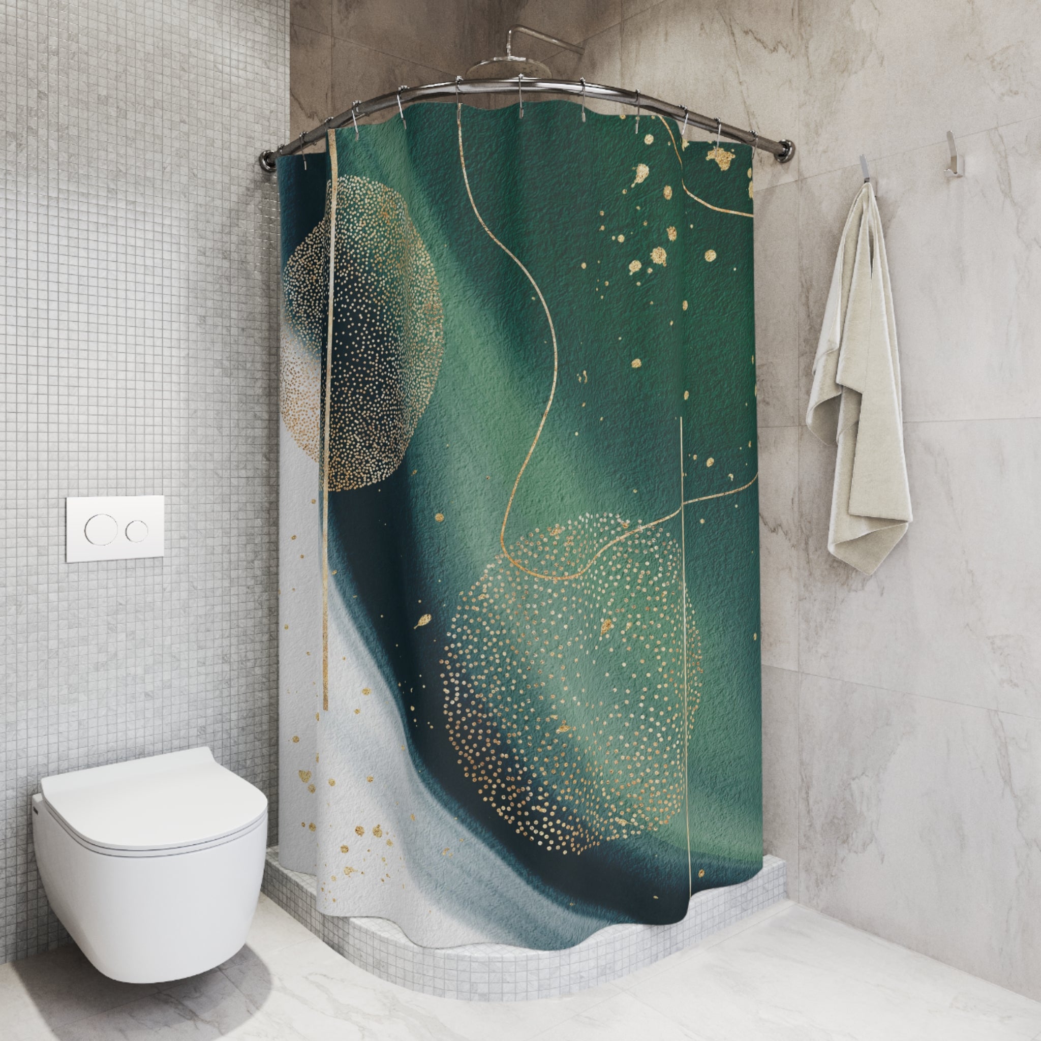 Teal Green Shower Curtain | Geometric, White Gold Beige