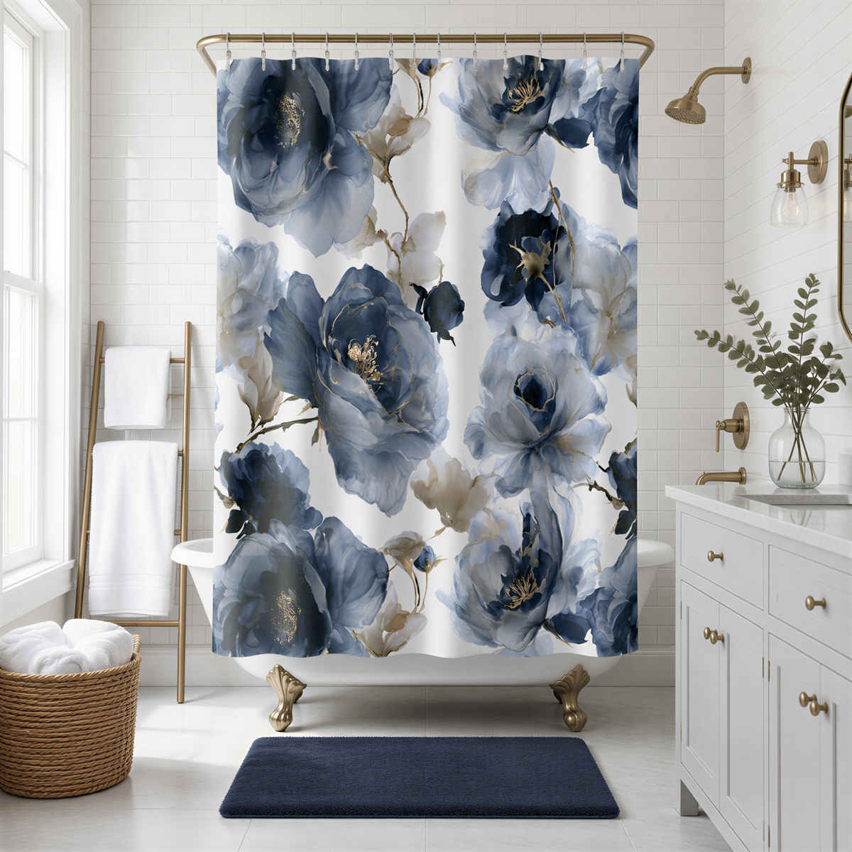 a bathroom with a white bathtub, a large floral shower curtain, and a wooden ladder. The bathroom has white walls and a blue rug, creating a serene and elegant atmosphere.