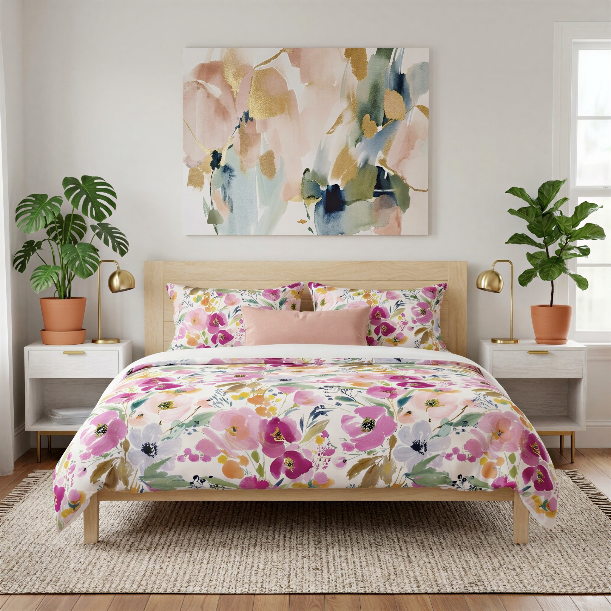 a bedroom with a large floral bedspread, a wooden headboard, and two nightstands with lamps. Above the bed is a large abstract painting in pastel colors. The room is decorated with potted plants, creating a cozy and inviting atmosphere.
