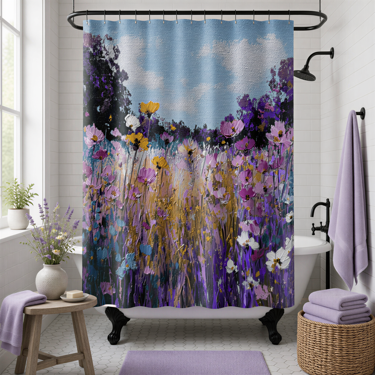 a bathroom with a shower curtain that displays a vibrant, colorful painting of a field of flowers. The shower curtain is hanging from a rod, and the bathroom has a wooden table, a wicker basket, and a potted plant.