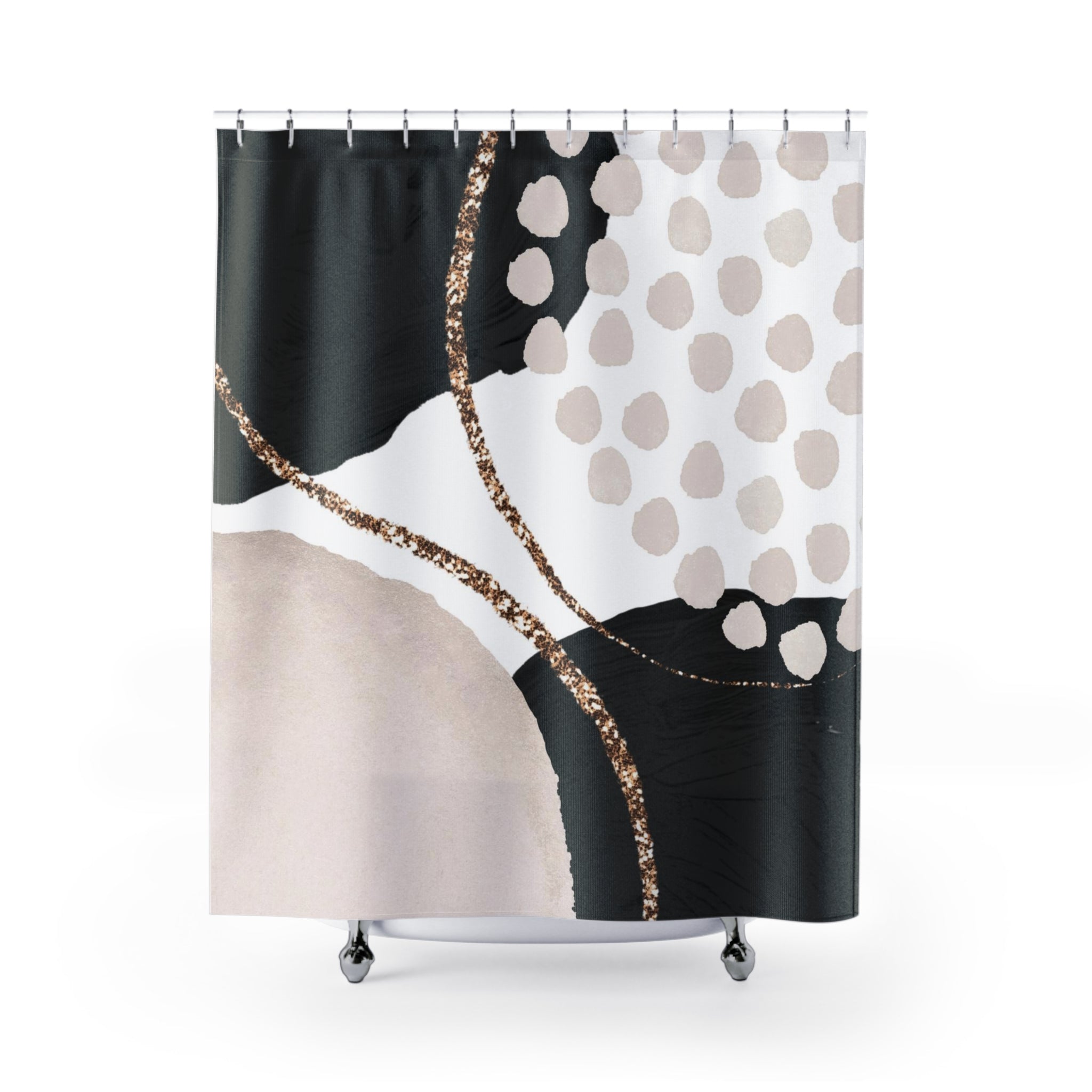 a shower curtain with a black and white design