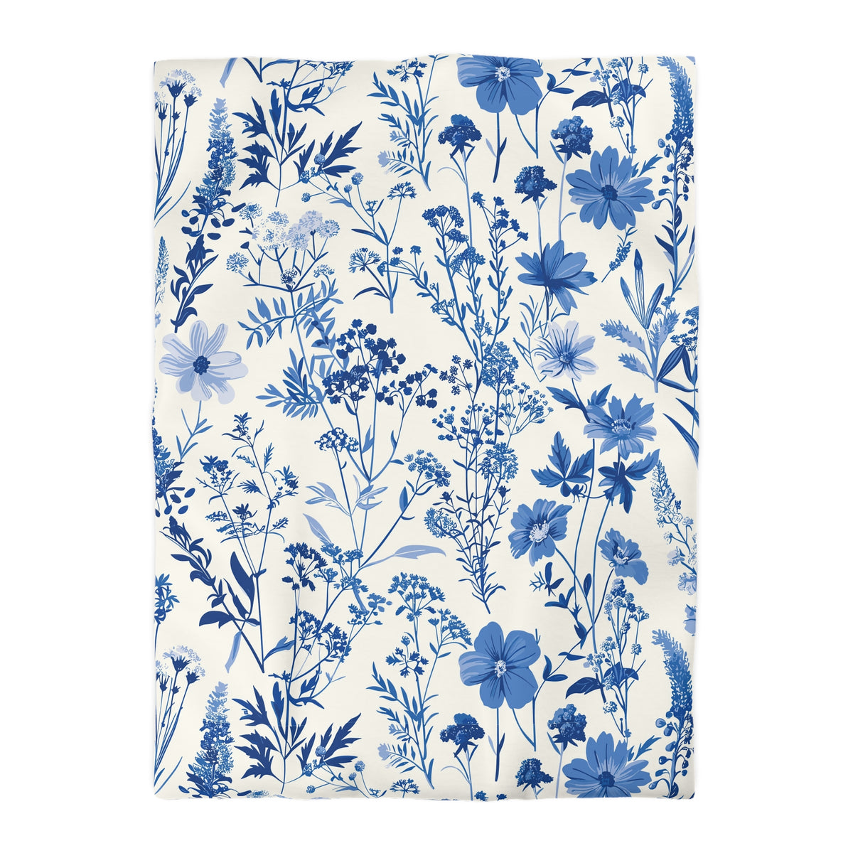 a repeating pattern of blue flowers and leaves on a white background.