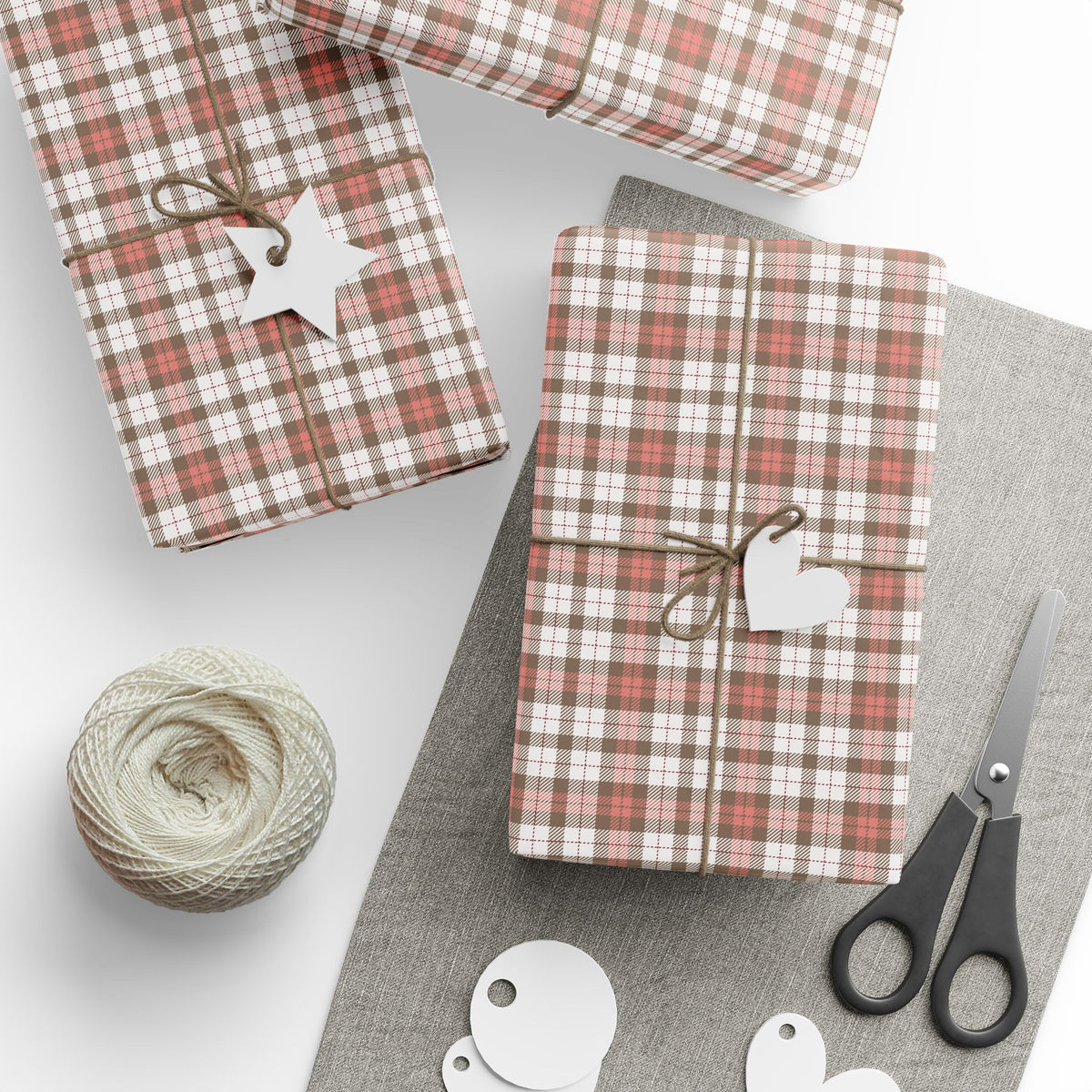 Pink Brown White Plaid Christmas Wrapping Paper, Gift Wrap
