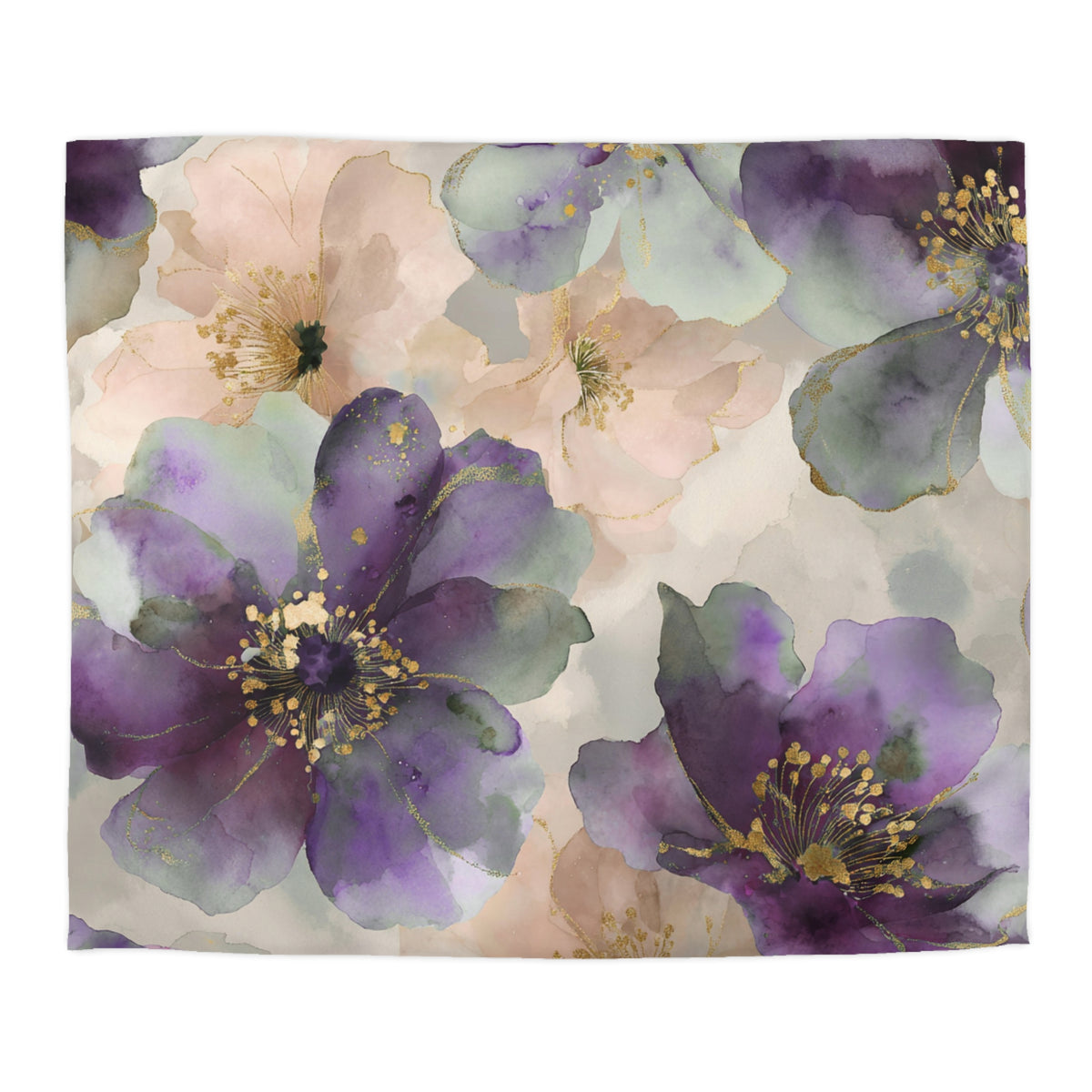 a vibrant and colorful floral pattern with purple and pink flowers, accented by gold elements. The flowers are arranged in a way that creates a visually appealing and harmonious composition.