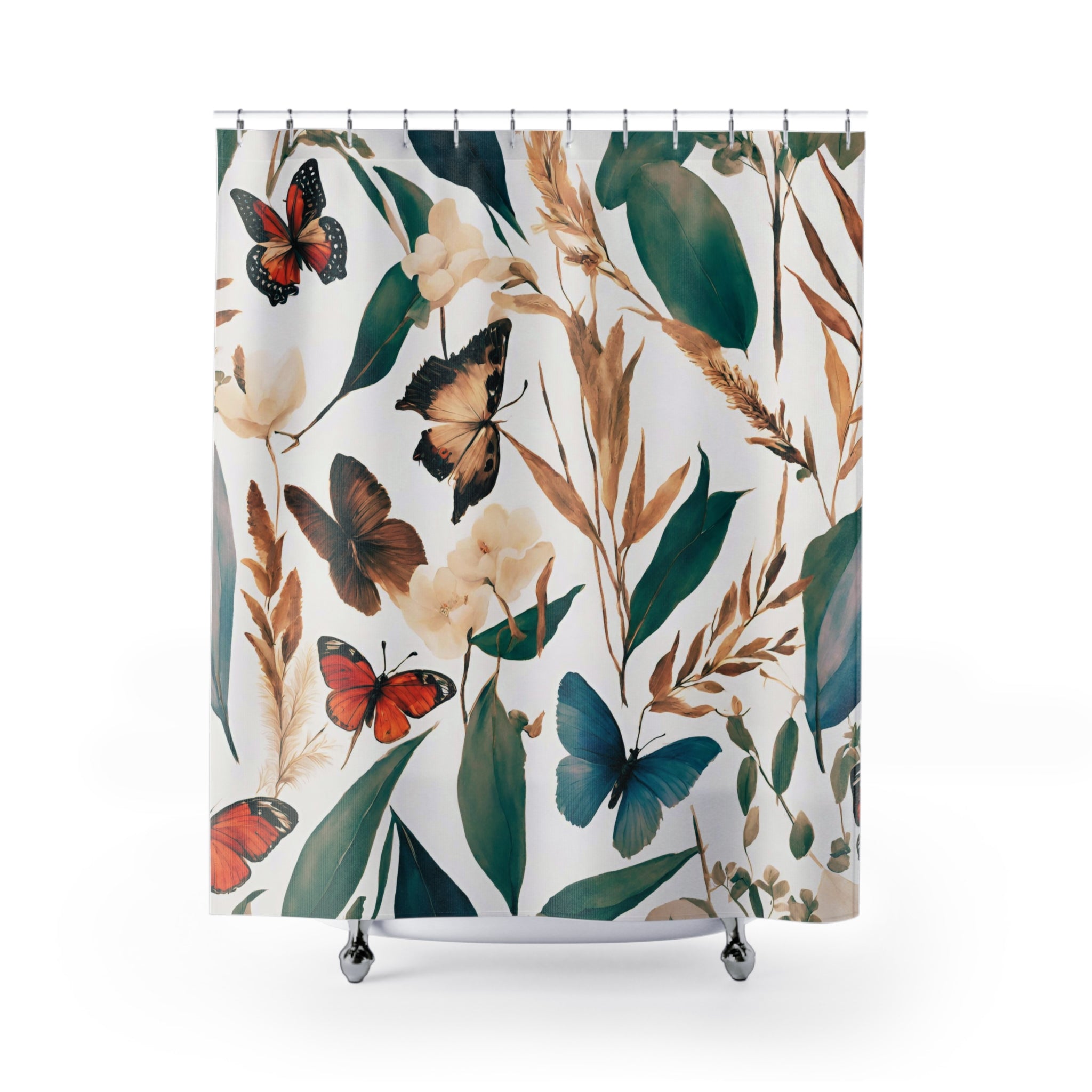 a boho shower curtain with butterflies and leaves on it