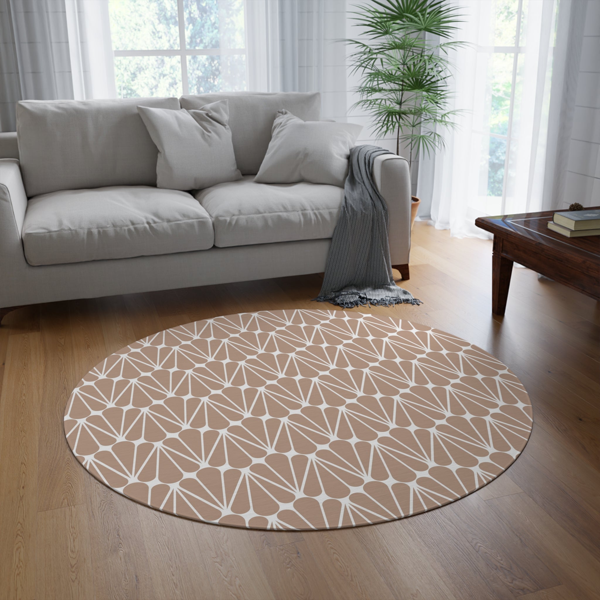 Round Area Rug | Beige White Geometric