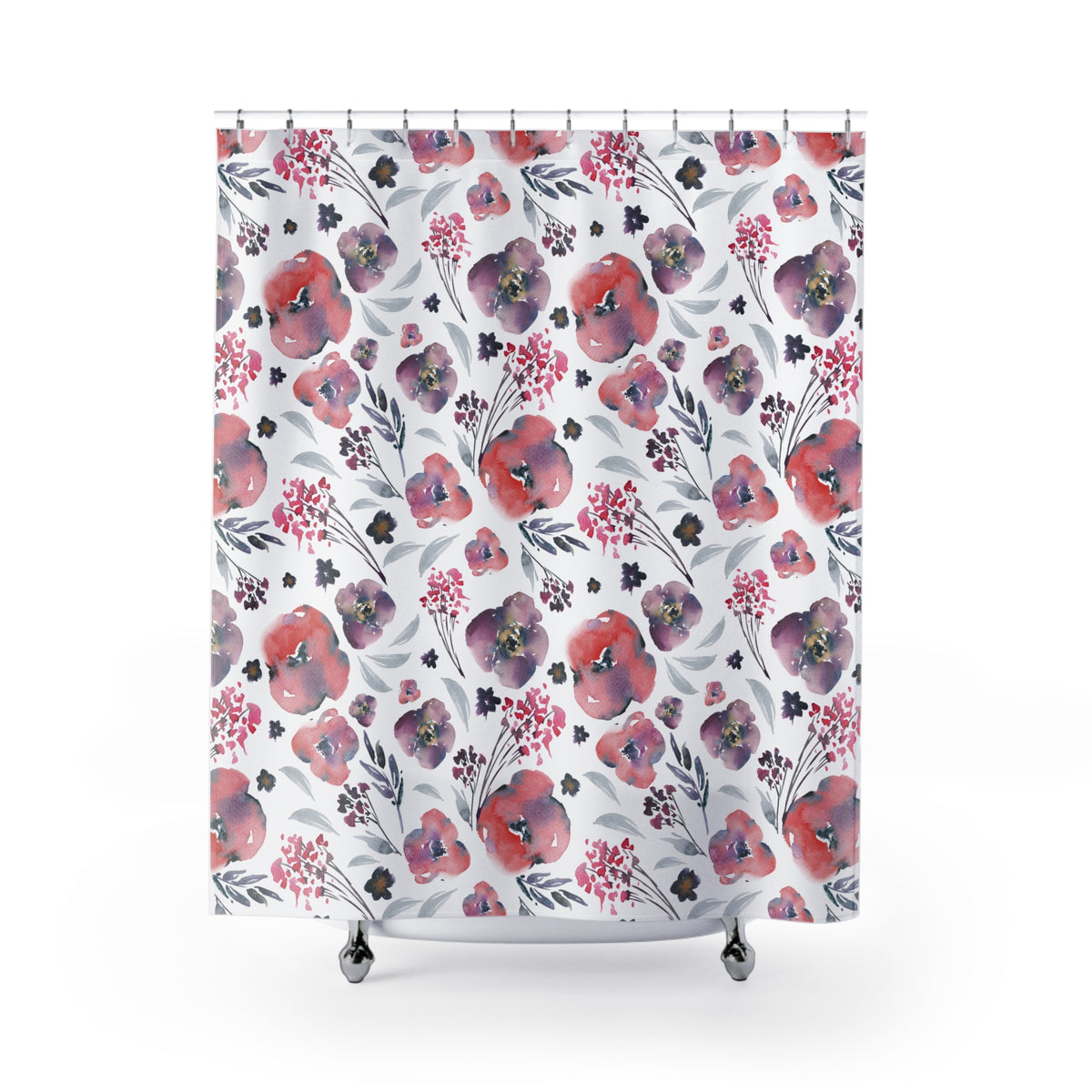 Coral Purple Watercolor Poppy Shower Curtain, Bath Curtain 71x74