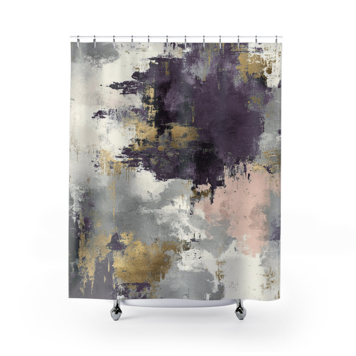 a shower curtain with a vibrant abstract painting in shades of purple, gray, and gold.