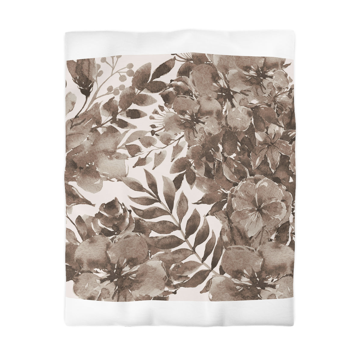 a floral pattern with various flowers and leaves in shades of brown and beige.