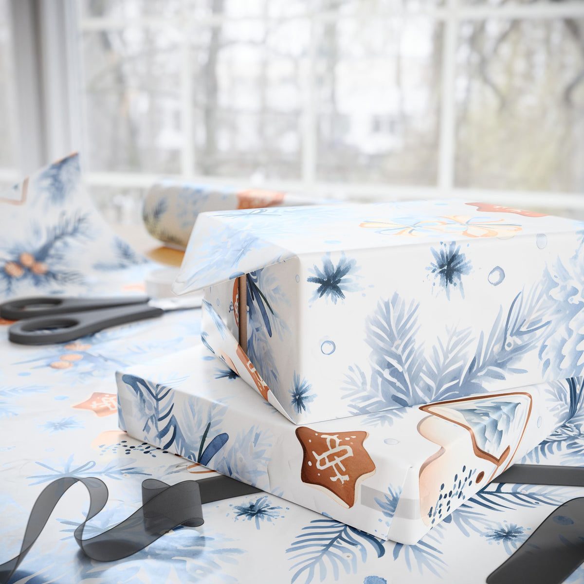 Blue Pine Gingerbread Winter Wrapping Paper, Christmas Gift Wrap