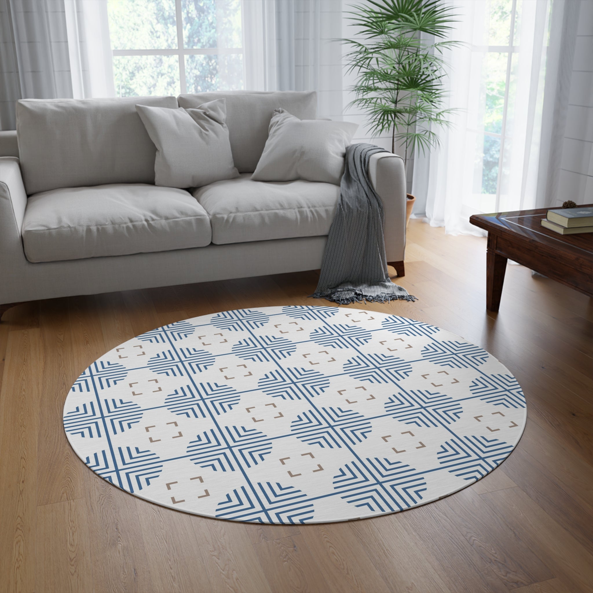 Moroccan Round Area Rug | Art Deco Blue, White, Beige