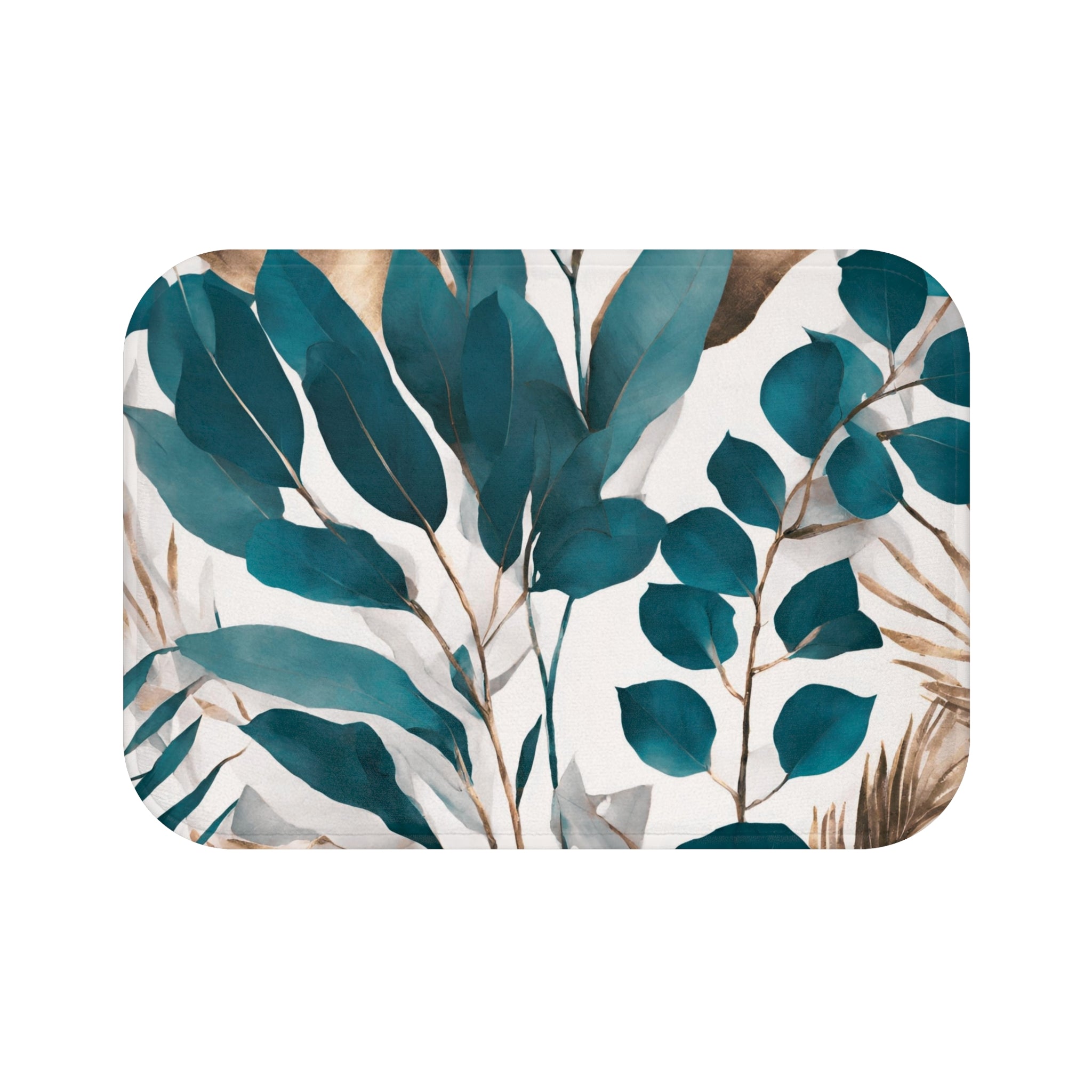 Boho Kitchen, Bath Mat | Floral Teal Green, Bronze Leaves Floor Mat