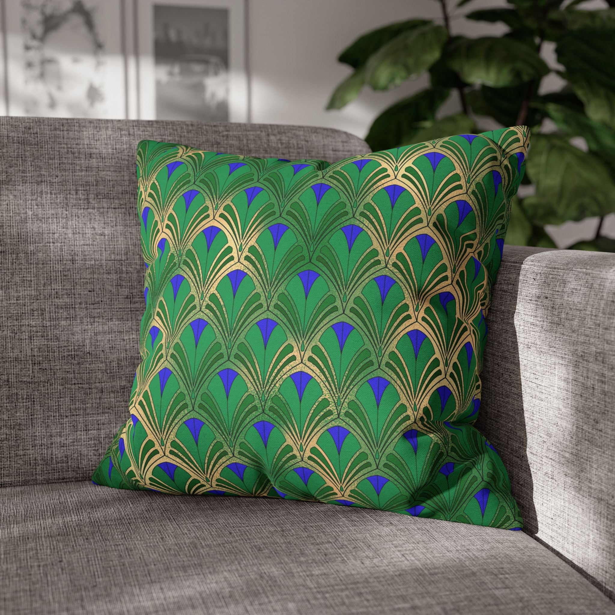 Art Deco Nouveau Pillow Cover | Green Blue, Muted Gold Geometric