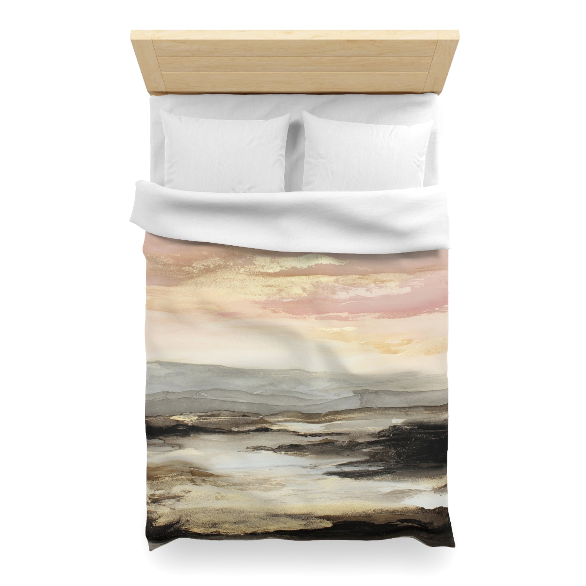 a bed with a white comforter and pillows, featuring a landscape print on the comforter depicting a serene, natural scene.